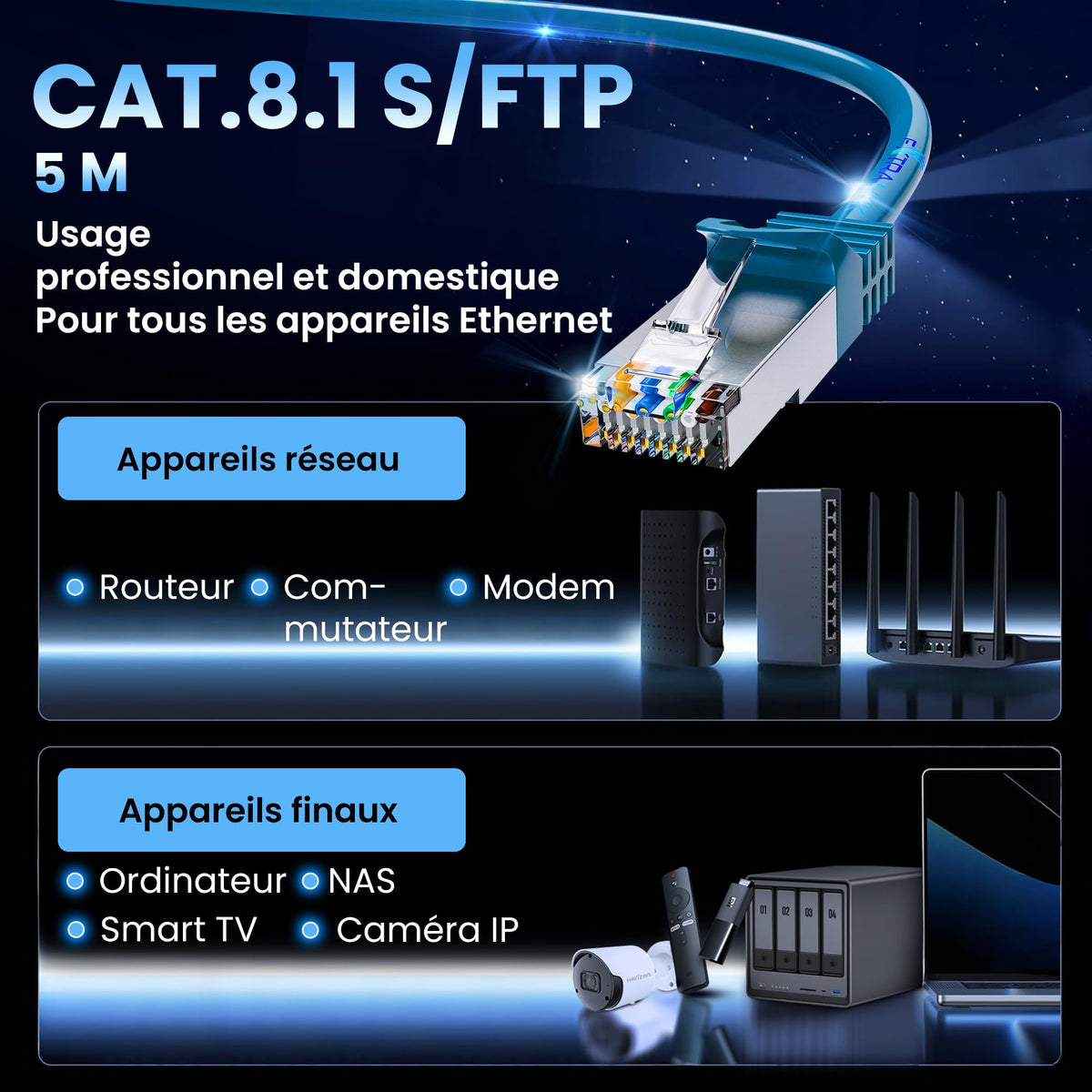 Extralink Cat.8.1 S/FTP 5m 40G Bleu | Câble de ligne | Câble réseau en cuivre