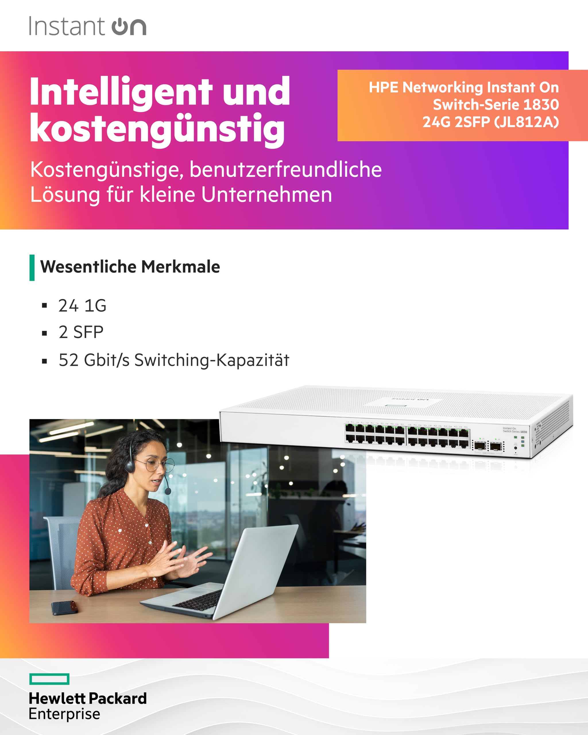 HPE Networking Instant On 1830 24G 2SFP Switch Commutateur intelligent 24 x 10/100/1000 + 2 x Gigabit SFP de bureau