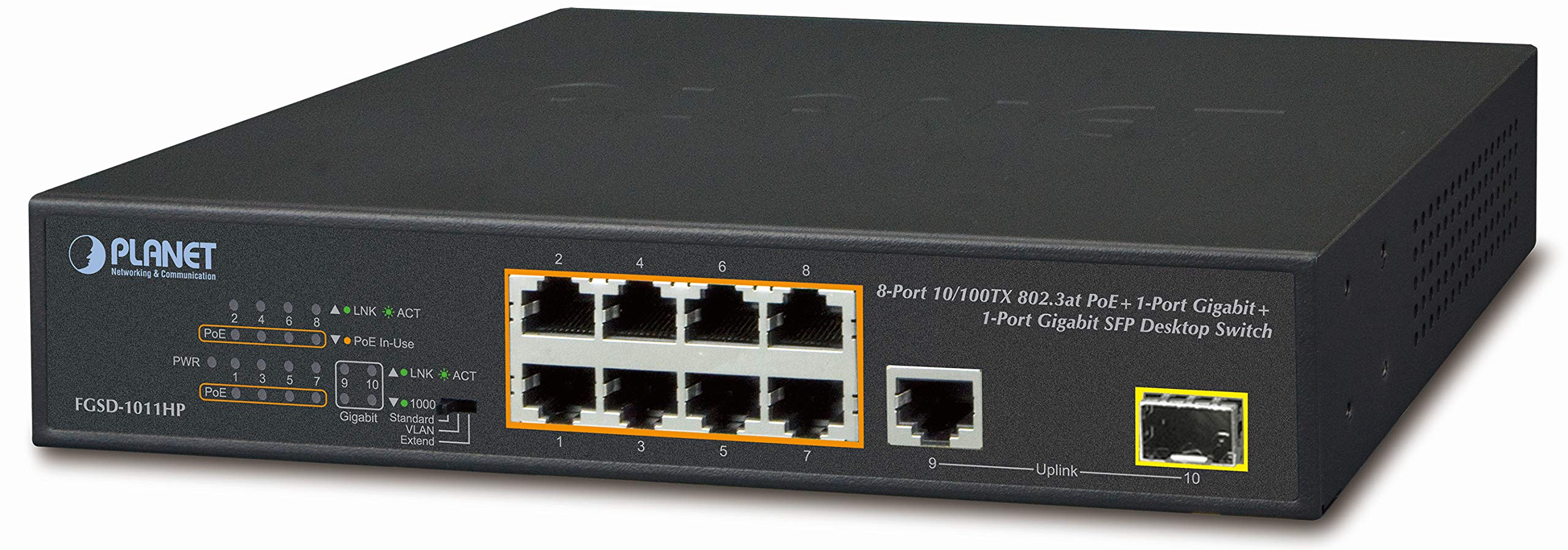 PLANET FGSD-1011HP commutateur réseau Non-géré Gigabit Ethernet (10/100/1000) Connexion Ethernet, supportant l'alimentation via ce port (PoE) 1U Bleu