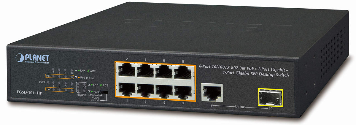 PLANET FGSD-1011HP commutateur réseau Non-géré Gigabit Ethernet (10/100/1000) Connexion Ethernet, supportant l'alimentation via ce port (PoE) 1U Bleu