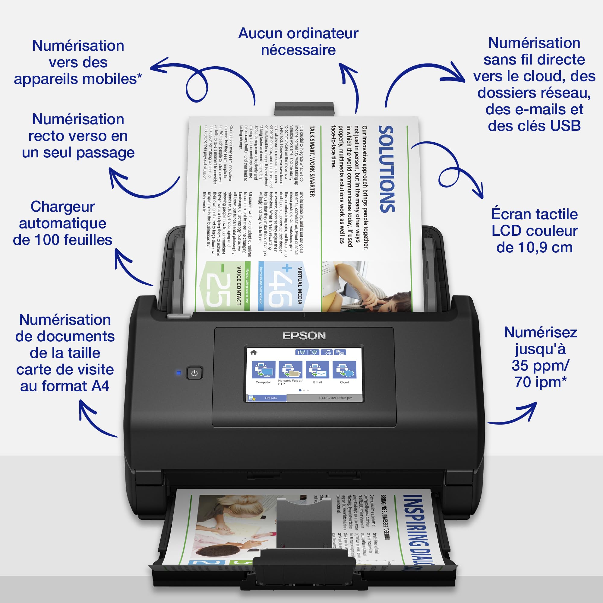 EPSON WorkForce ES-580W Document scanner Contact Image Sensor CIS Duplex 600x600dpi 35ppm ADF 100sheets 4000scans/d USB Wi-Fi