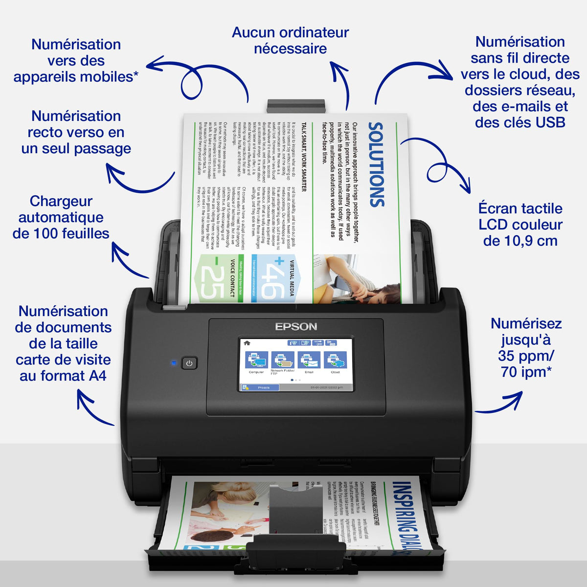 EPSON WorkForce ES-580W Document scanner Contact Image Sensor CIS Duplex 600x600dpi 35ppm ADF 100sheets 4000scans/d USB Wi-Fi