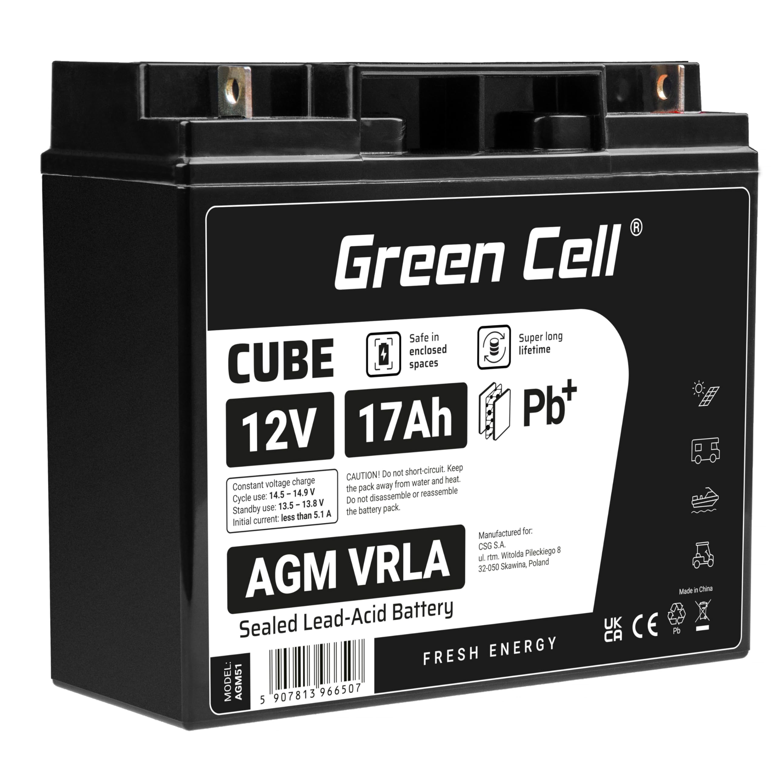 Green Cell AGM Battery Lead Acid VRLA 12V 17Ah for motor boats and electric - Battery - 17.000 mAh