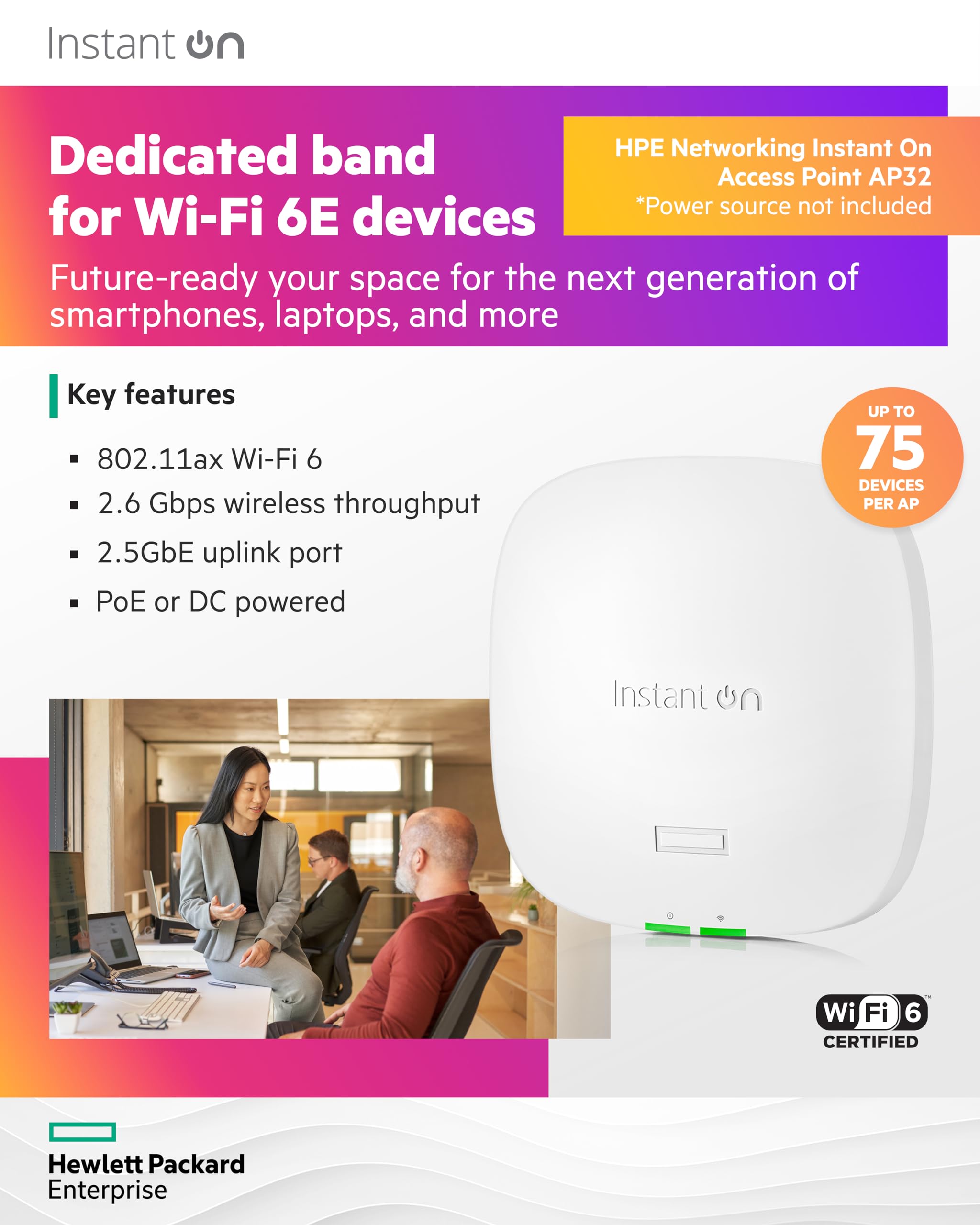 HPE Networking Instant On AP32 (RW) Borne daccès sans fil Wi Fi 6 Wi Fi 6E 2.4 GHz 5 GHz 6 GHz montable au plafond/mur