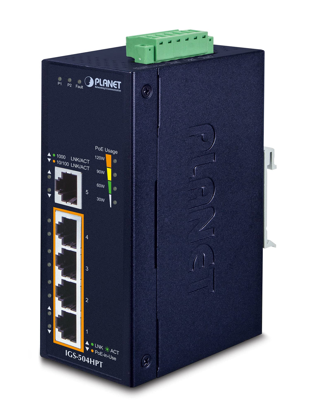 PLANET IGS-504HPT commutateur réseau Non-géré L2 Gigabit Ethernet (10/100/1000) Connexion Ethernet, supportant l'alimentation via ce port (PoE) Bleu