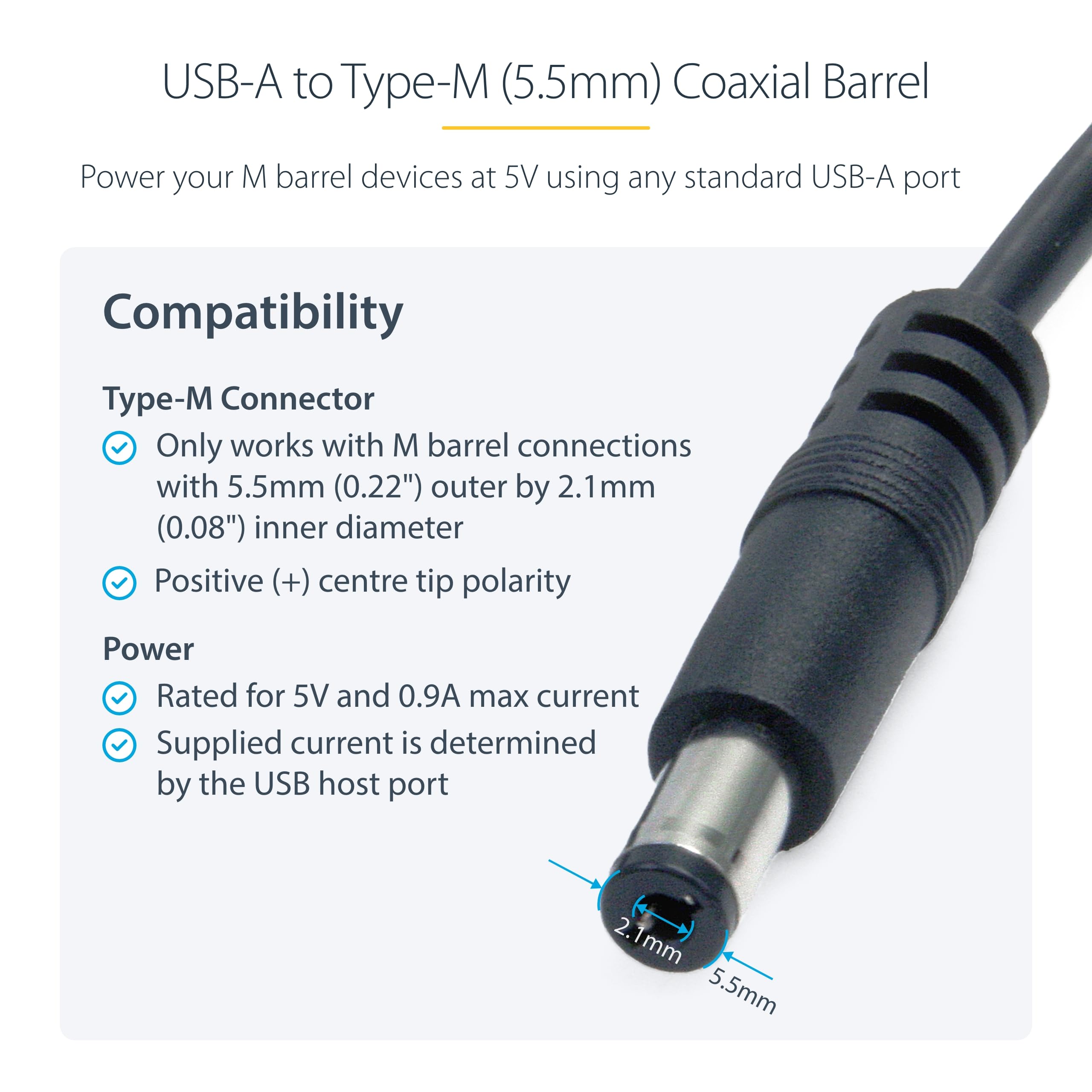 3ft USB to Type M Barrel DC Power Cable