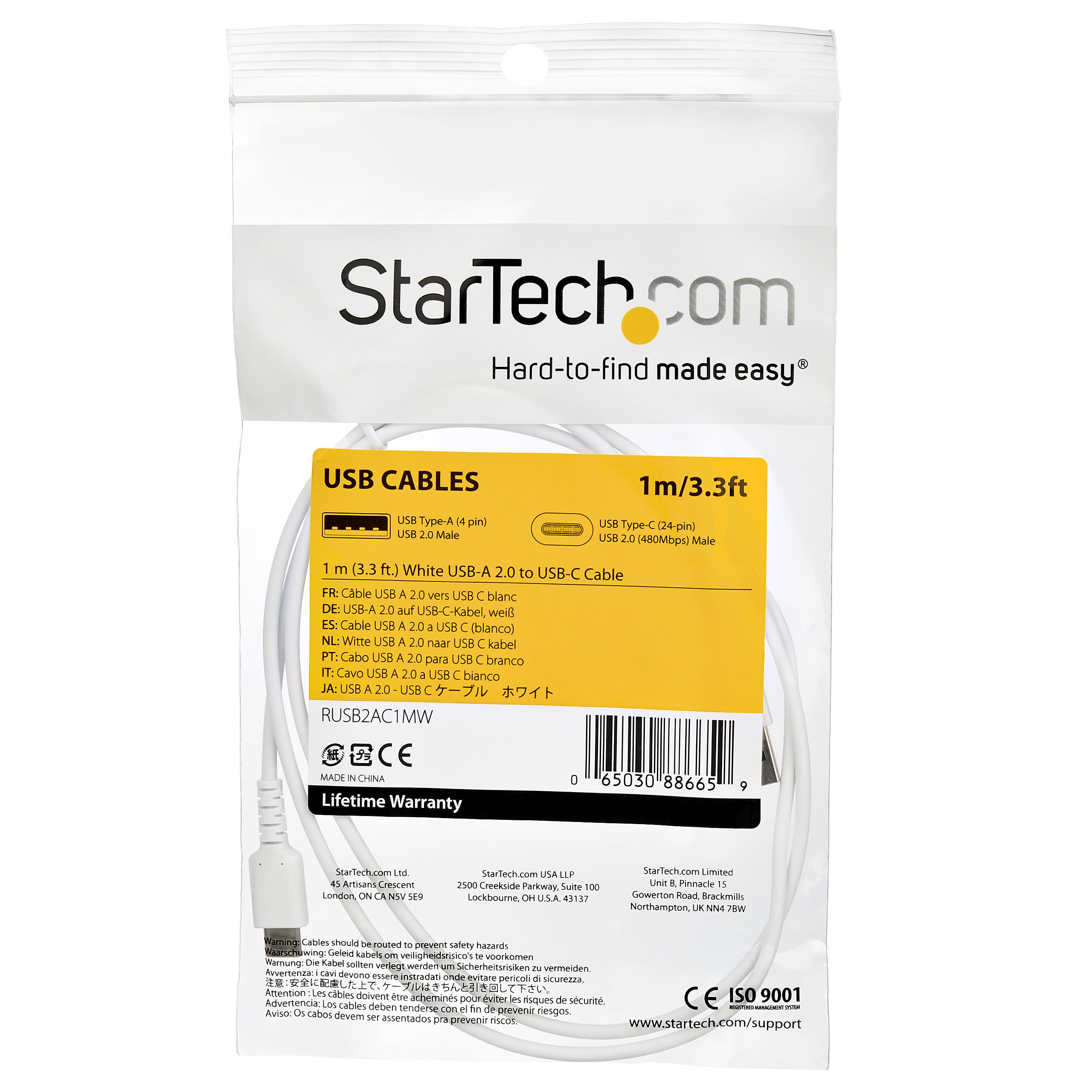 Cable White USB 2.0 to USB C Cable 1m