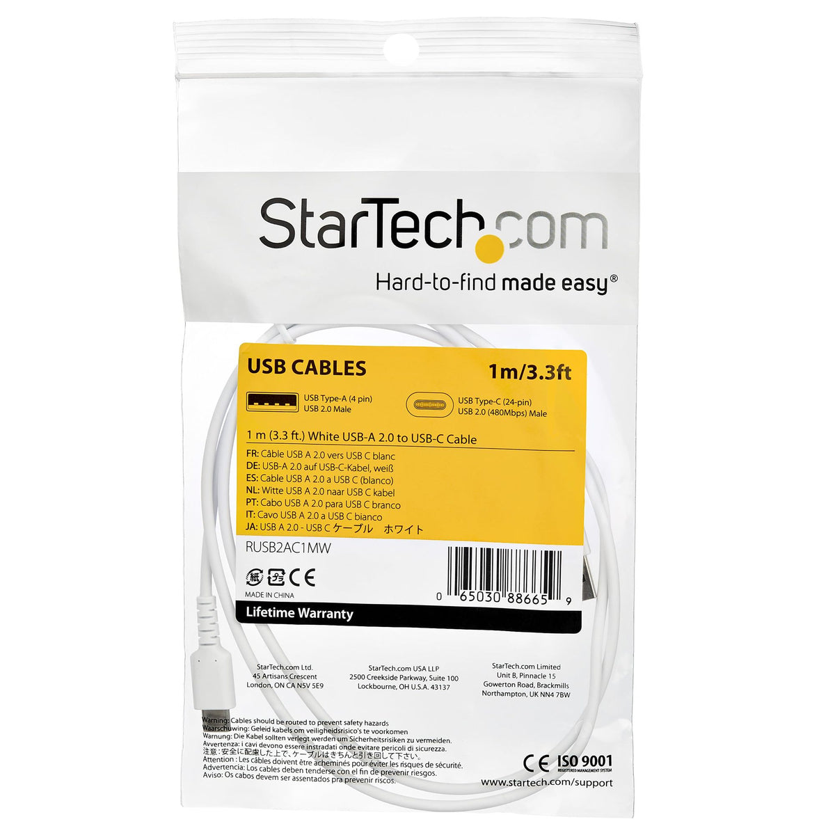 Cable White USB 2.0 to USB C Cable 1m