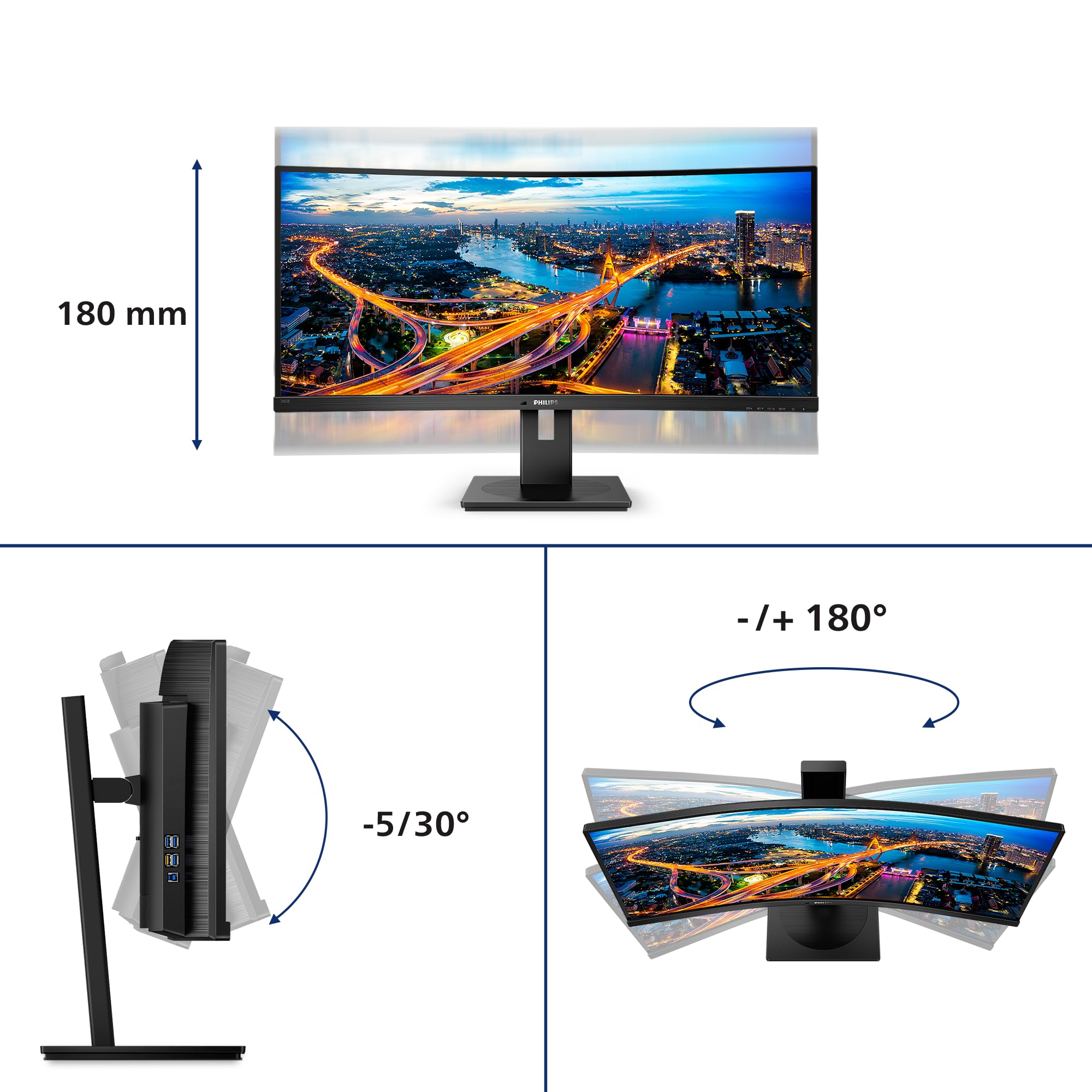 PHILIPS 345B1C - écran  incurvé - 34" - 3440 x 1440 WQHD @ 100 Hz - VA - 300 cd/m² - 3000:1 - 5 ms - 2xHDMI, DP- haut-parleurs