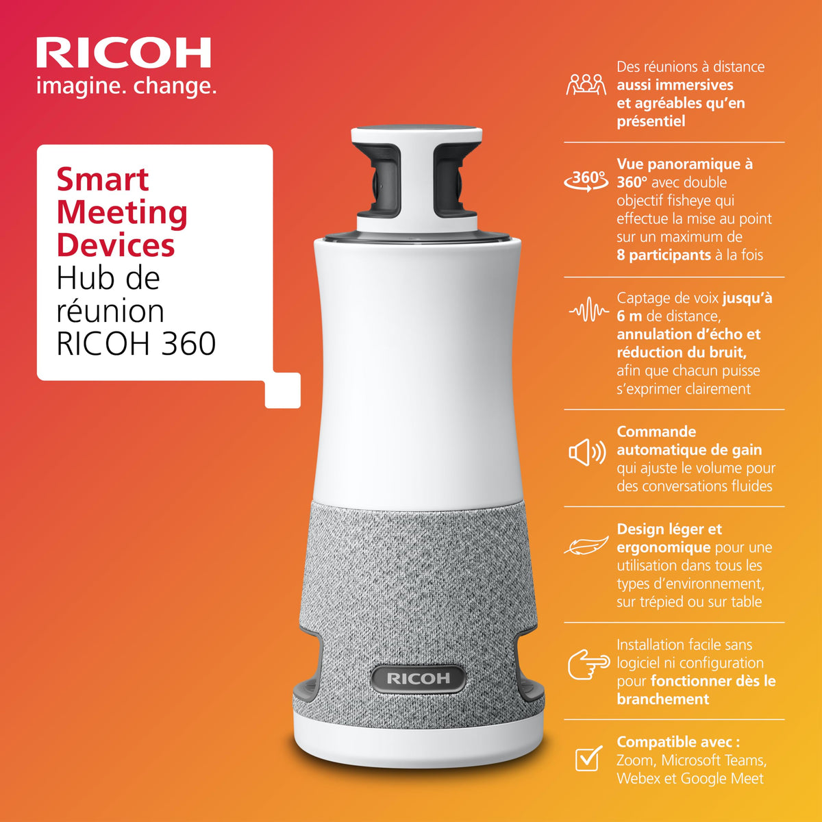 RICOH Hub de réunion 360 V2 appareil 3-en-1 avec camér micro et haut- parleur