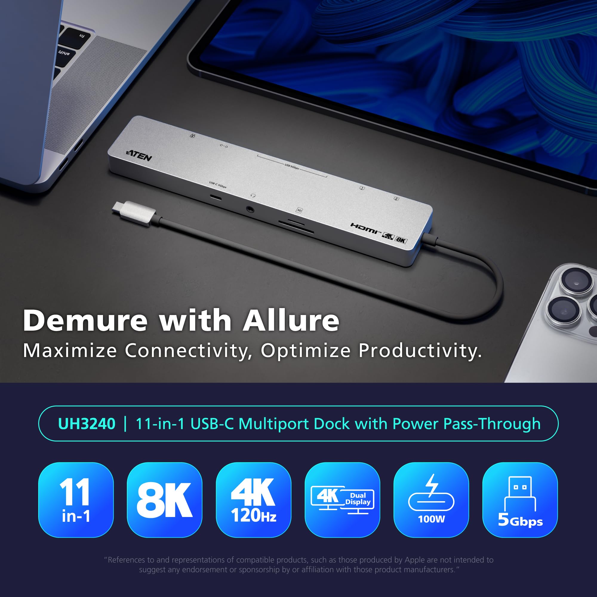 ATEN UH3240 station d accueil USB-C 11 en 1 Dual HDMI PD100W