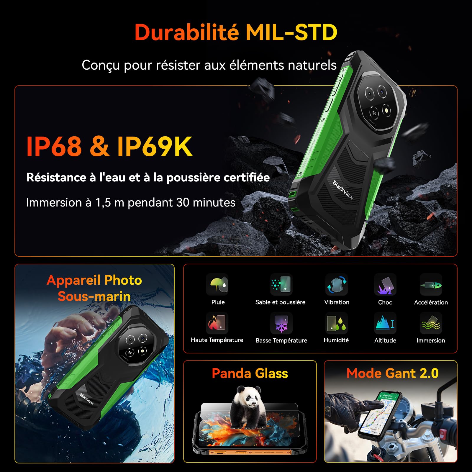 Blackview FORT 1 (6.56'' -  NFC - 256 Go, 6 Go de RAM - 10000mAh) Vert