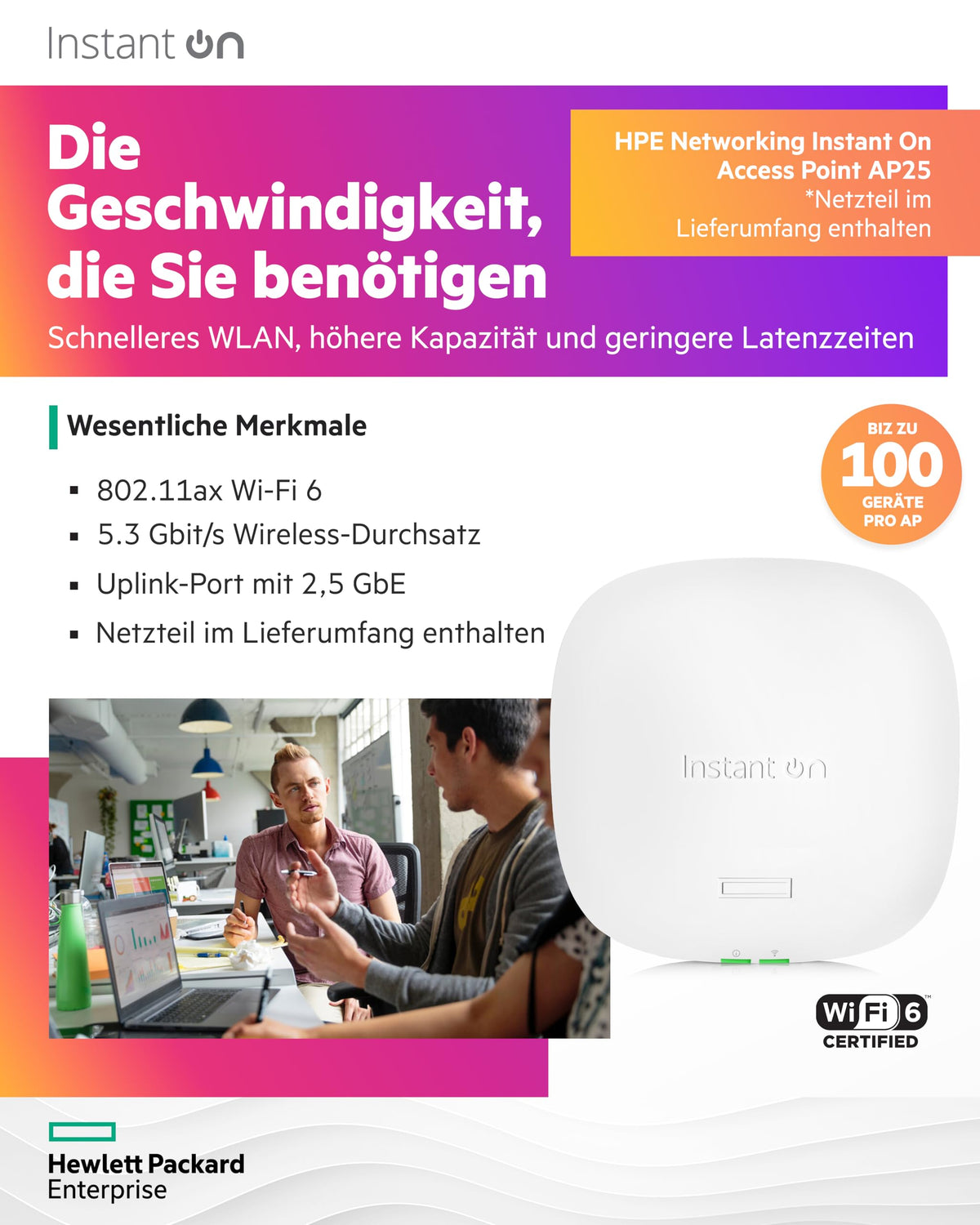 HPE Networking Instant On AP25 (EU) Borne daccès sans fil Wi Fi 6 Bluetooth 2.4 GHz 5 GHz géré par le Cloud plafond/mur