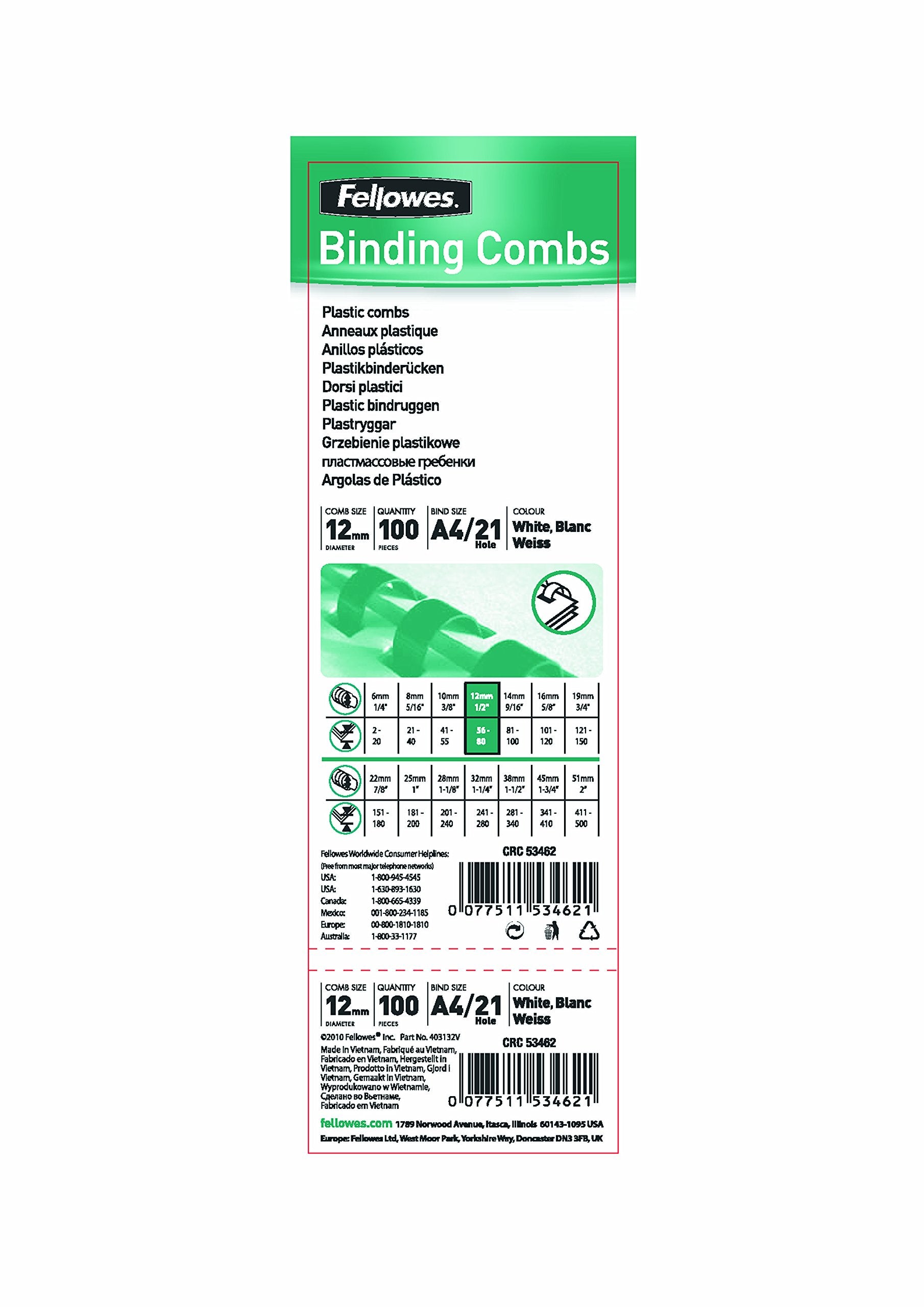 FELLOWES 5346206 Binding comb 12mm white 100pcs