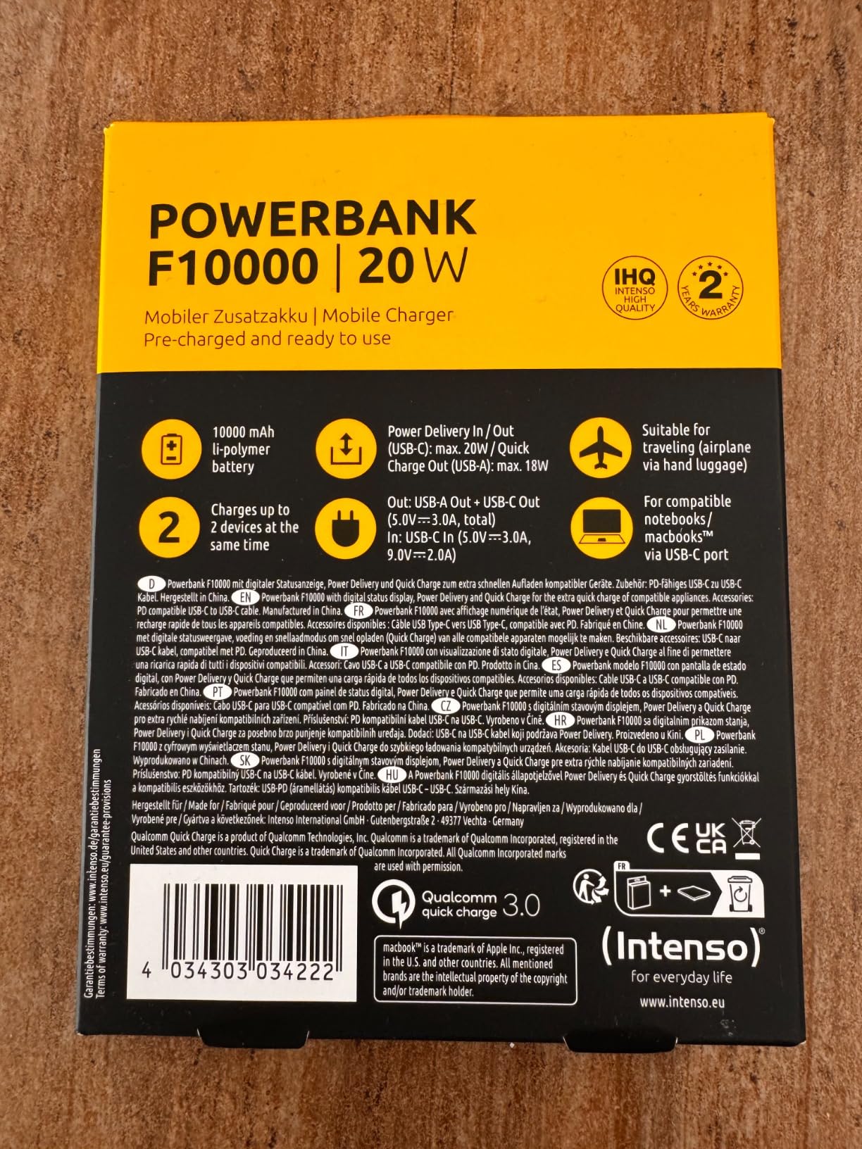 INTENSO Powerbank F10000, Power Delivery et Quick Charge, gr