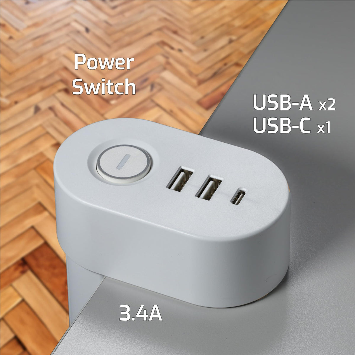 Multiprise 3 prises à pincer avec interrupteur - chargeur USB - 2 m