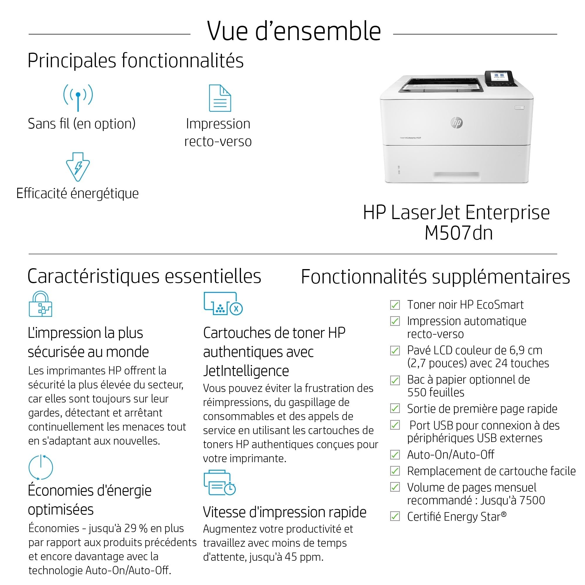 HP LaserJet Enterprise M507dn Printer Mono Duplex laser A4 1200x1200dpi 50ppm 650sheets USB LAN