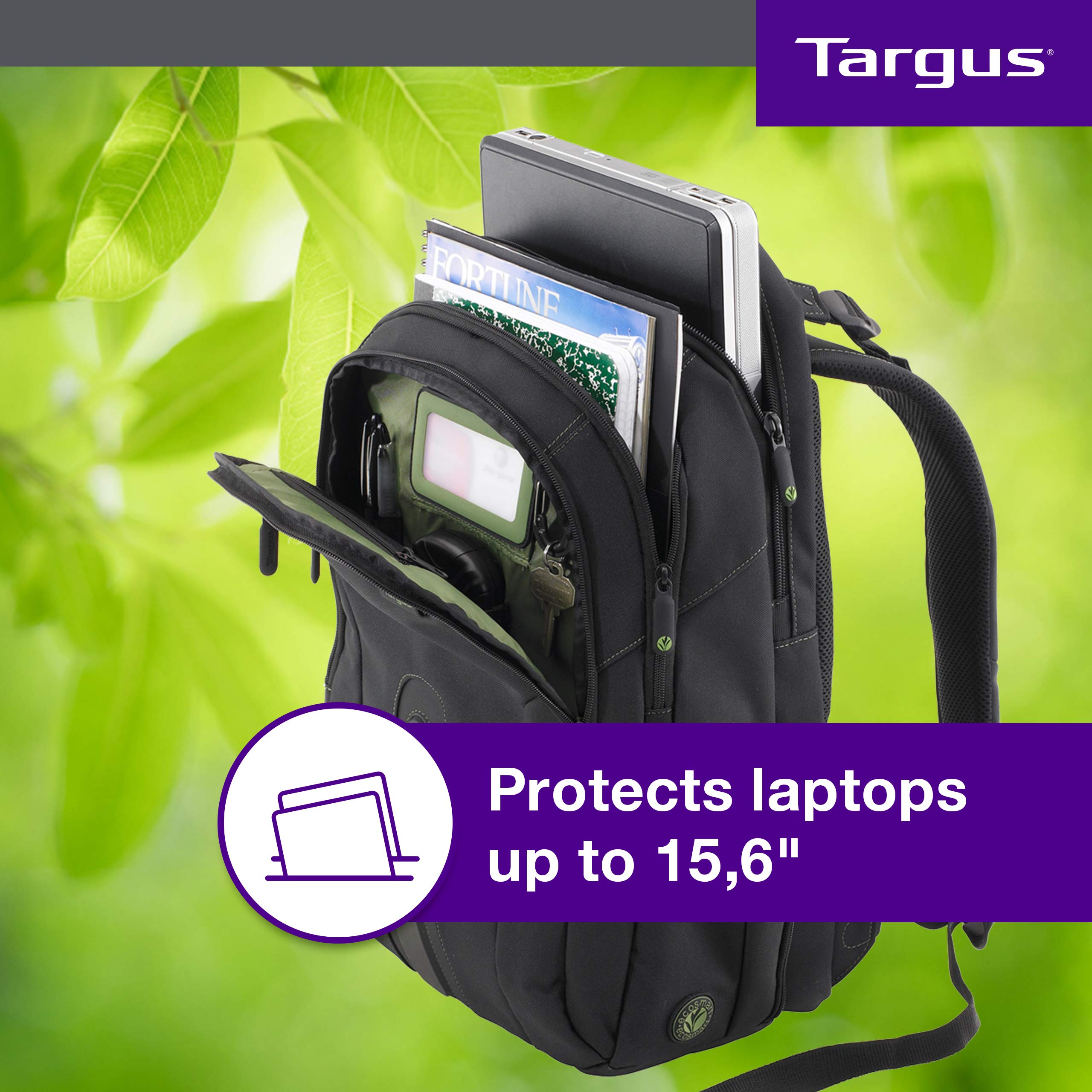 TARGUS Sac a Dos Jusqu a 15.6p ecologique noir Nylon Recycle P.E.T. 900D garantie a vie