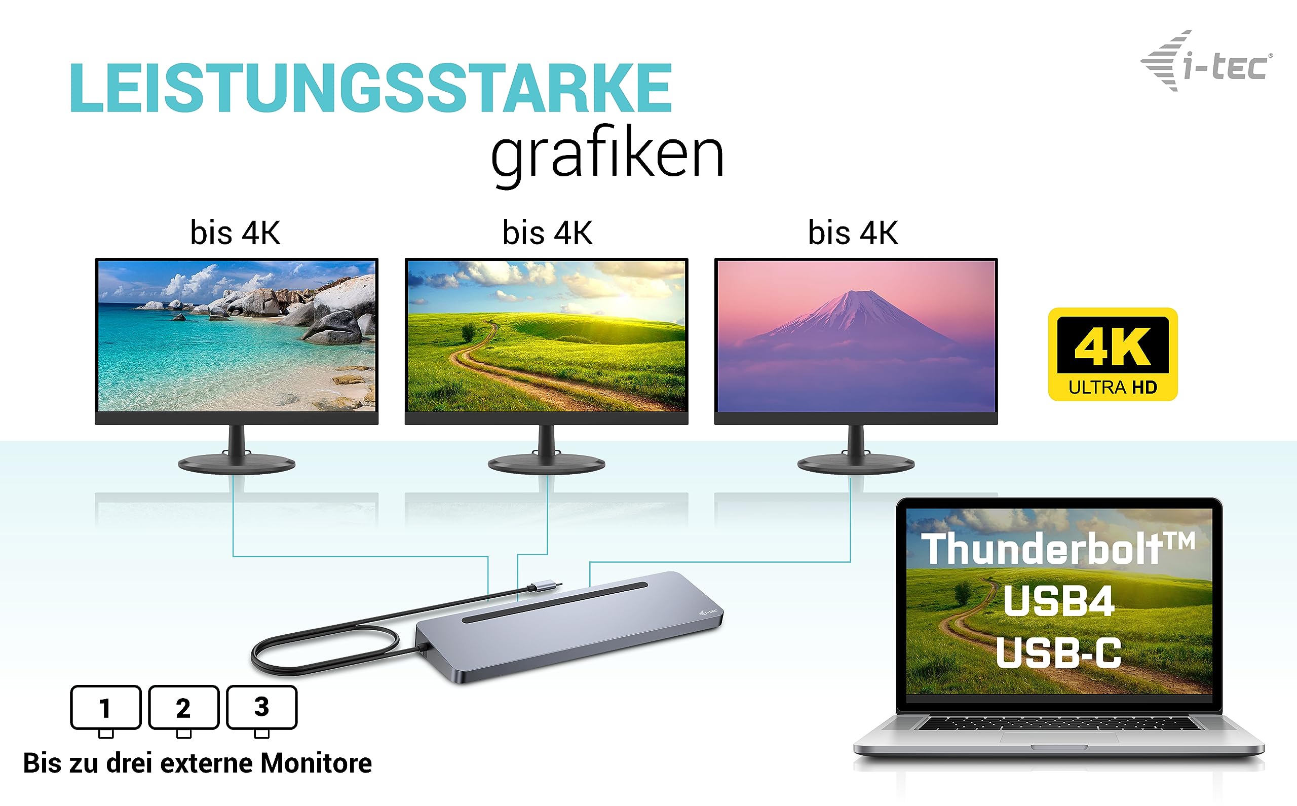 I-TEC USB-C Metal Ergonomic 4K 3x Display Docking Station with PD 100 W