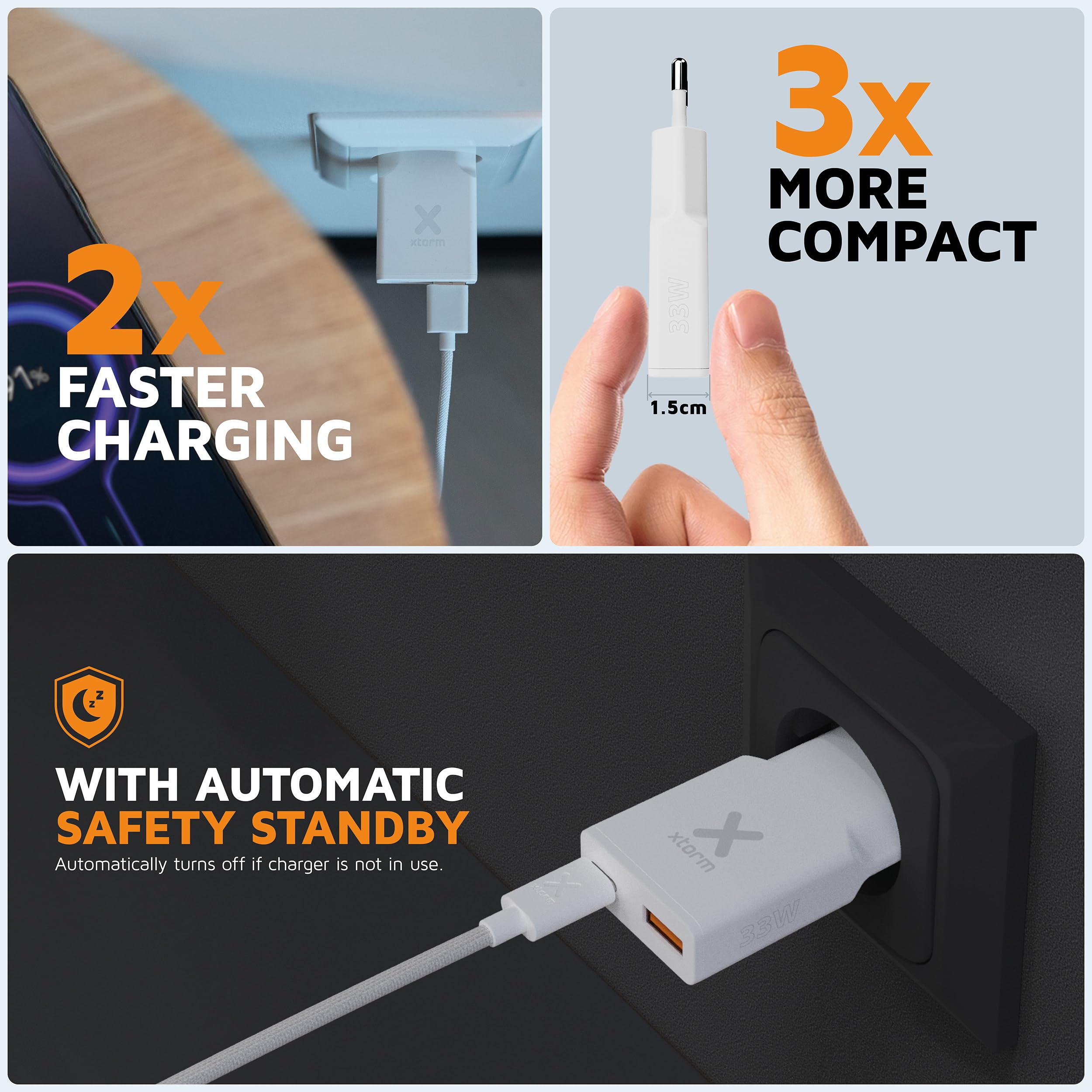XTORM Chargeur mural slim XG2SL033 33 W 2 ports USB-A USB-C PD certifié GRS