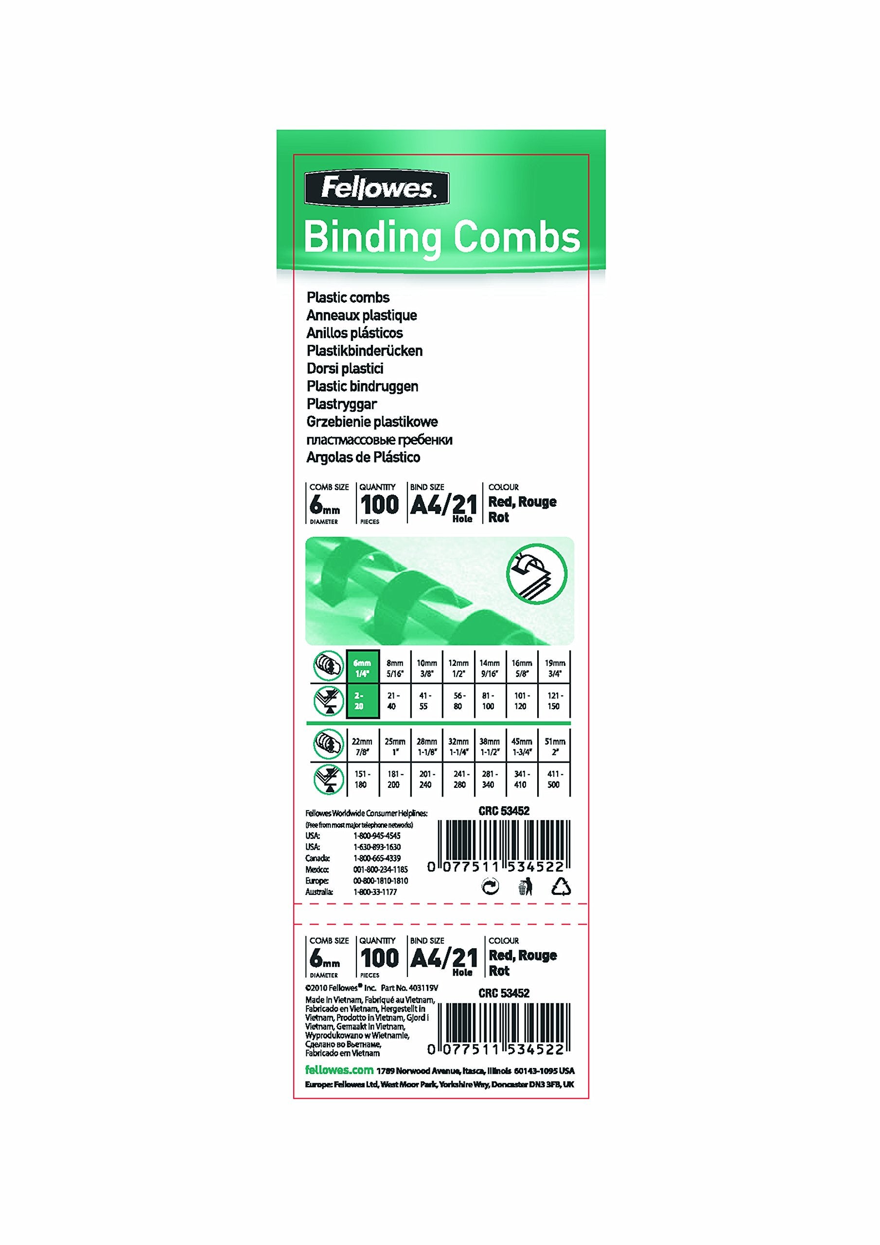 FELLOWES 5345005 Binding comb Fellowes 6mm white 100pcs