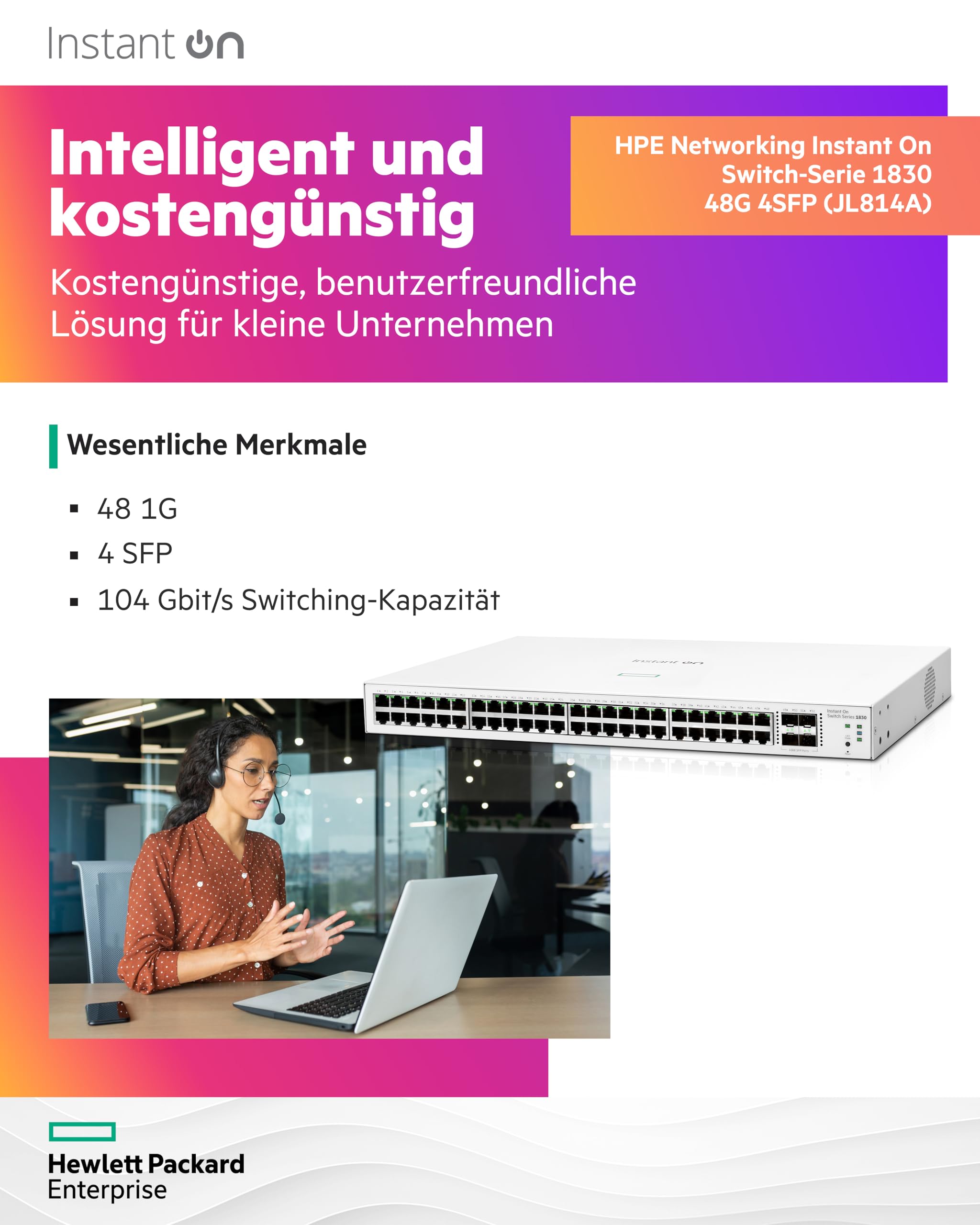 HPE Networking Instant On 1830 48G 4SFP Switch Commutateur intelligent 48 x 10/100/1000 + 4 x Gigabit SFP de bureau