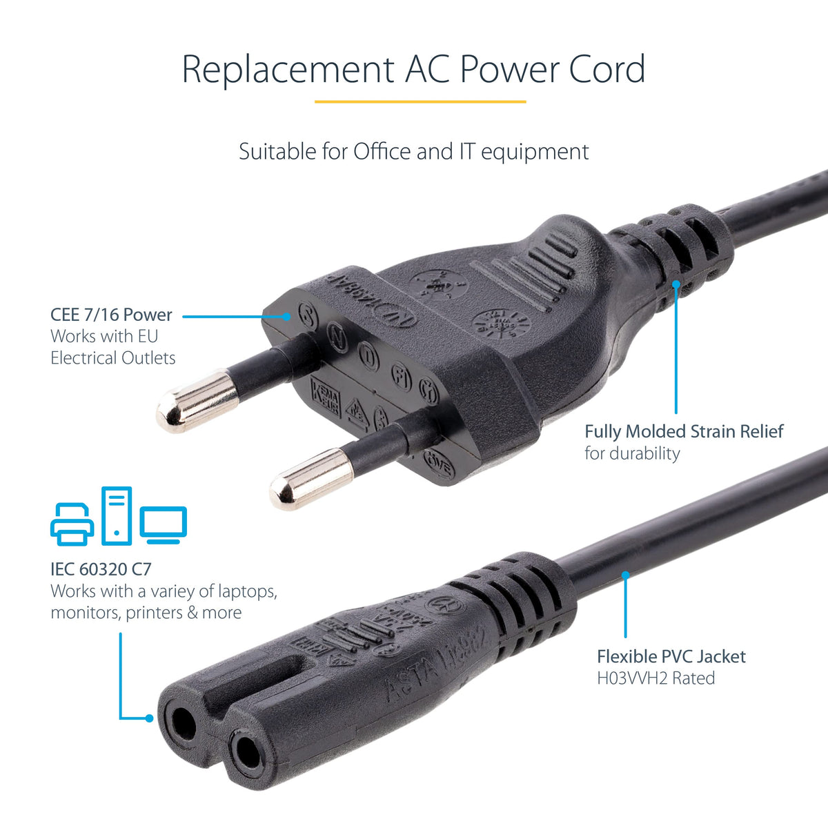 1m EU Plug to C7 Laptop Power Cord