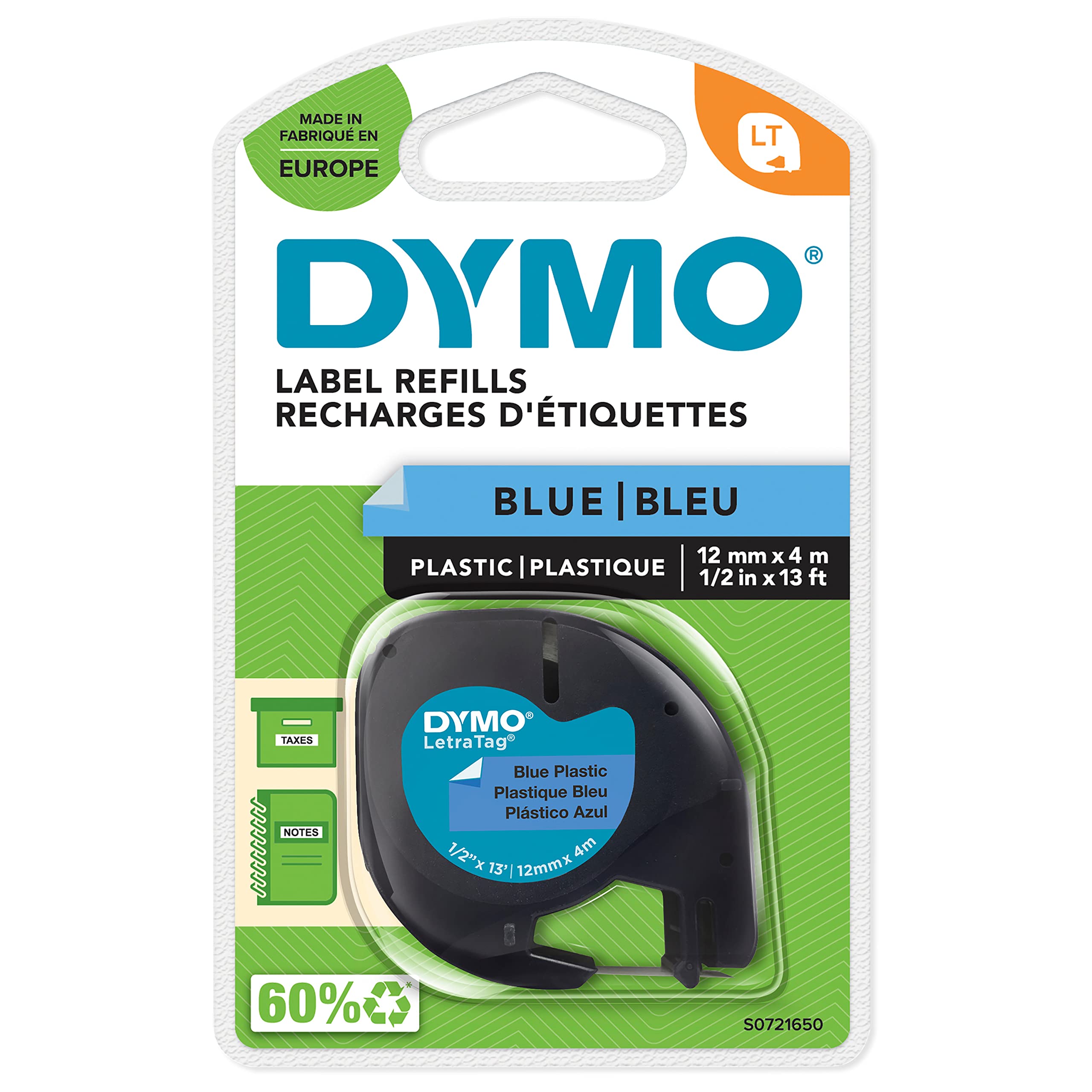 Ruban plastique dymo noir/bleu 12MM pour letratag
