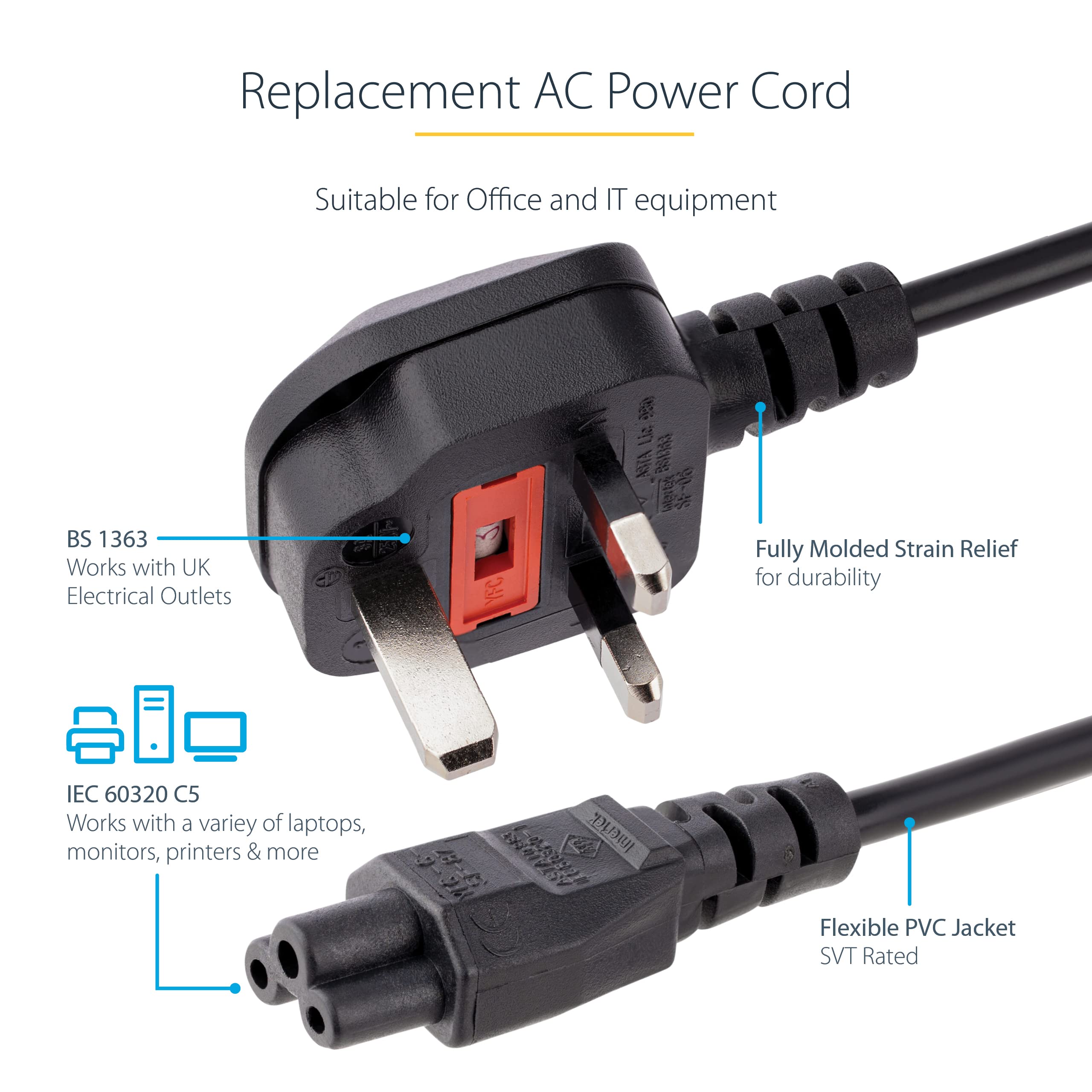 1m C5 UK Laptop Power Cord - BS-1363