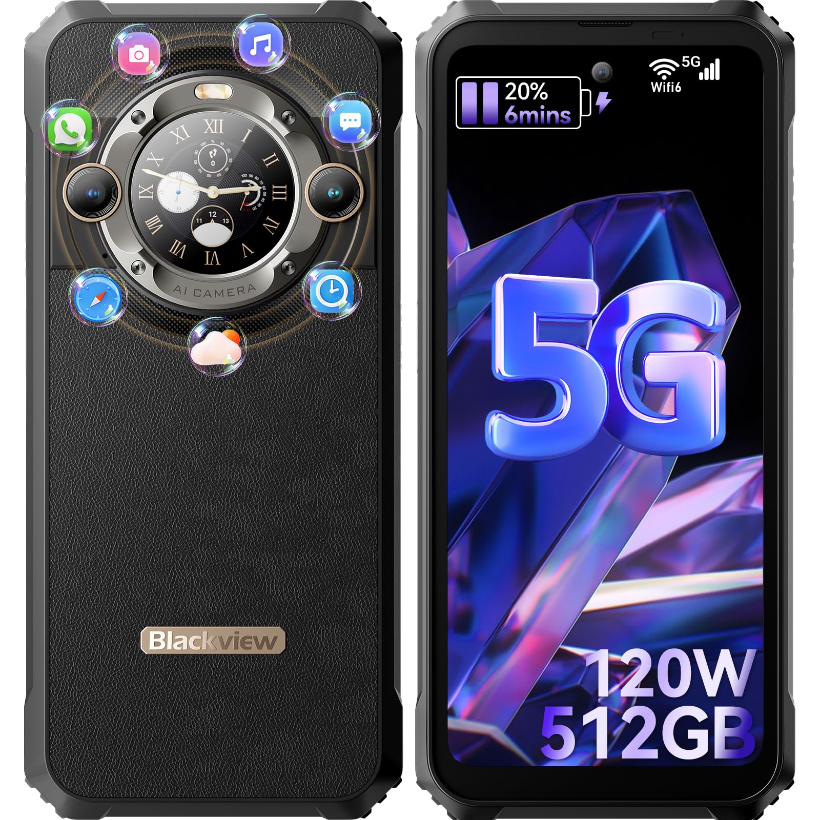 Blackview BL9000 5G (Double Sim - Écran 6.78'' - 512 Go, 12 Go RAM) Noir