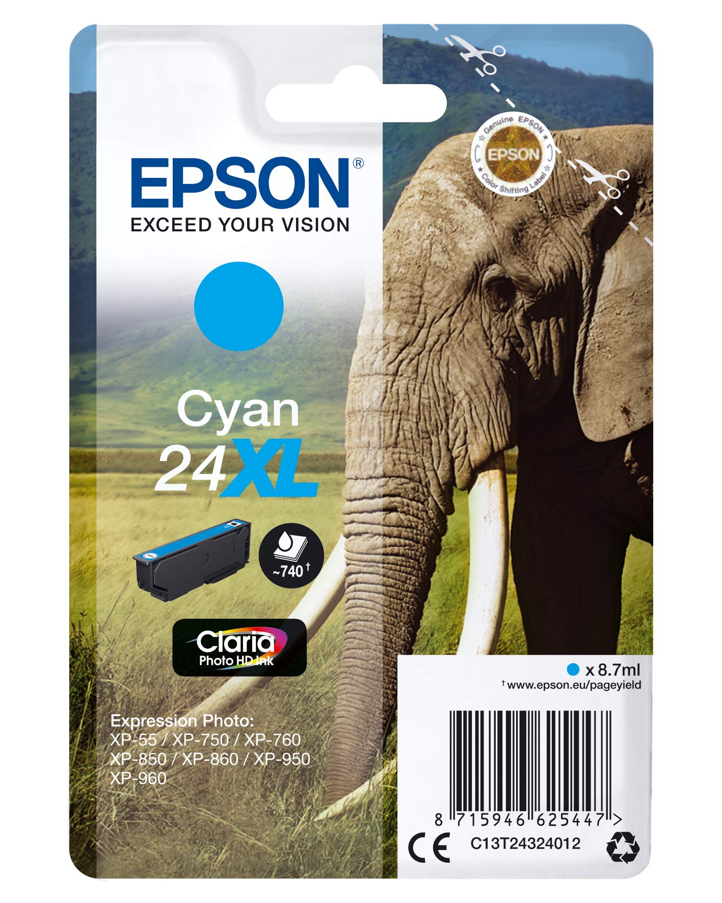 EPSON 1LB 24XL ink cartridge cyan high capacity 8.7ml 740 pages 1-pack RF-AM blister w/s