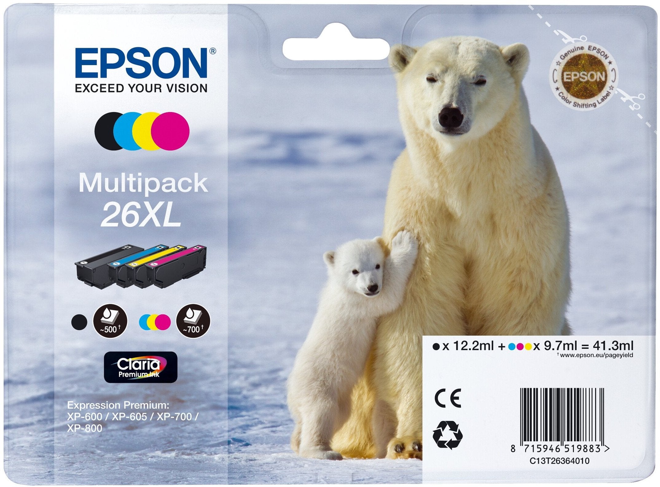 EPSON 3LB 26XL ink cartridge black and tri-colour high capacity 41.3ml 1-pack blister without alarm
