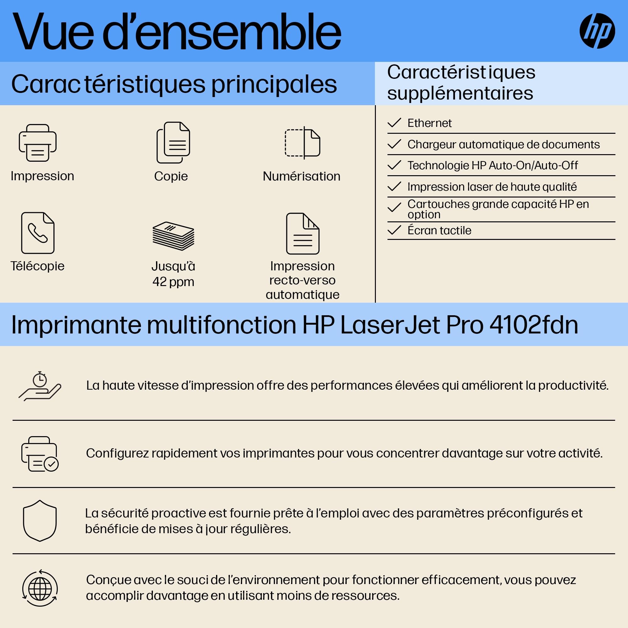 HP LaserJet Pro MFP 4102fdn MFP Mono laser 38ppm Copy 40ppm Print 350sheets LAN USB USB imprimante A4 multifonction laser monochrome