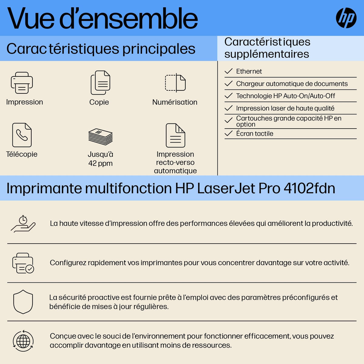 HP LaserJet Pro MFP 4102fdn MFP Mono laser 38ppm Copy 40ppm Print 350sheets LAN USB USB imprimante A4 multifonction laser monochrome