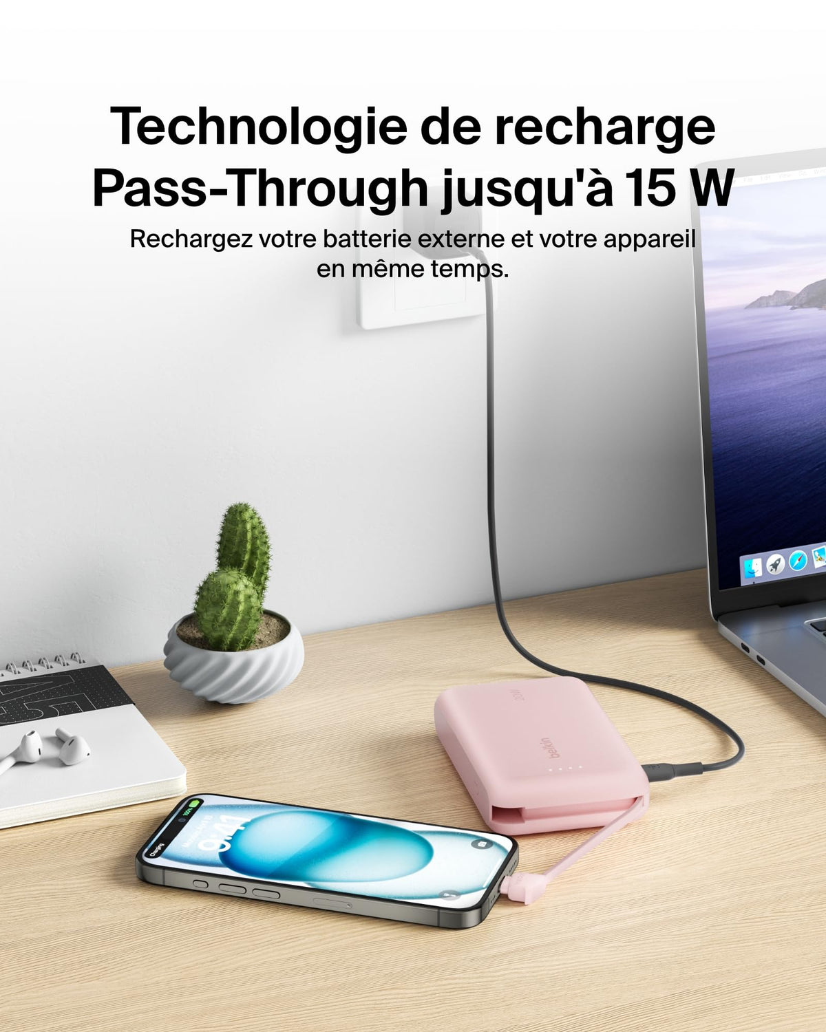BELKIN 10k PD20w Integrated USB-C Cable Power Bank Pink