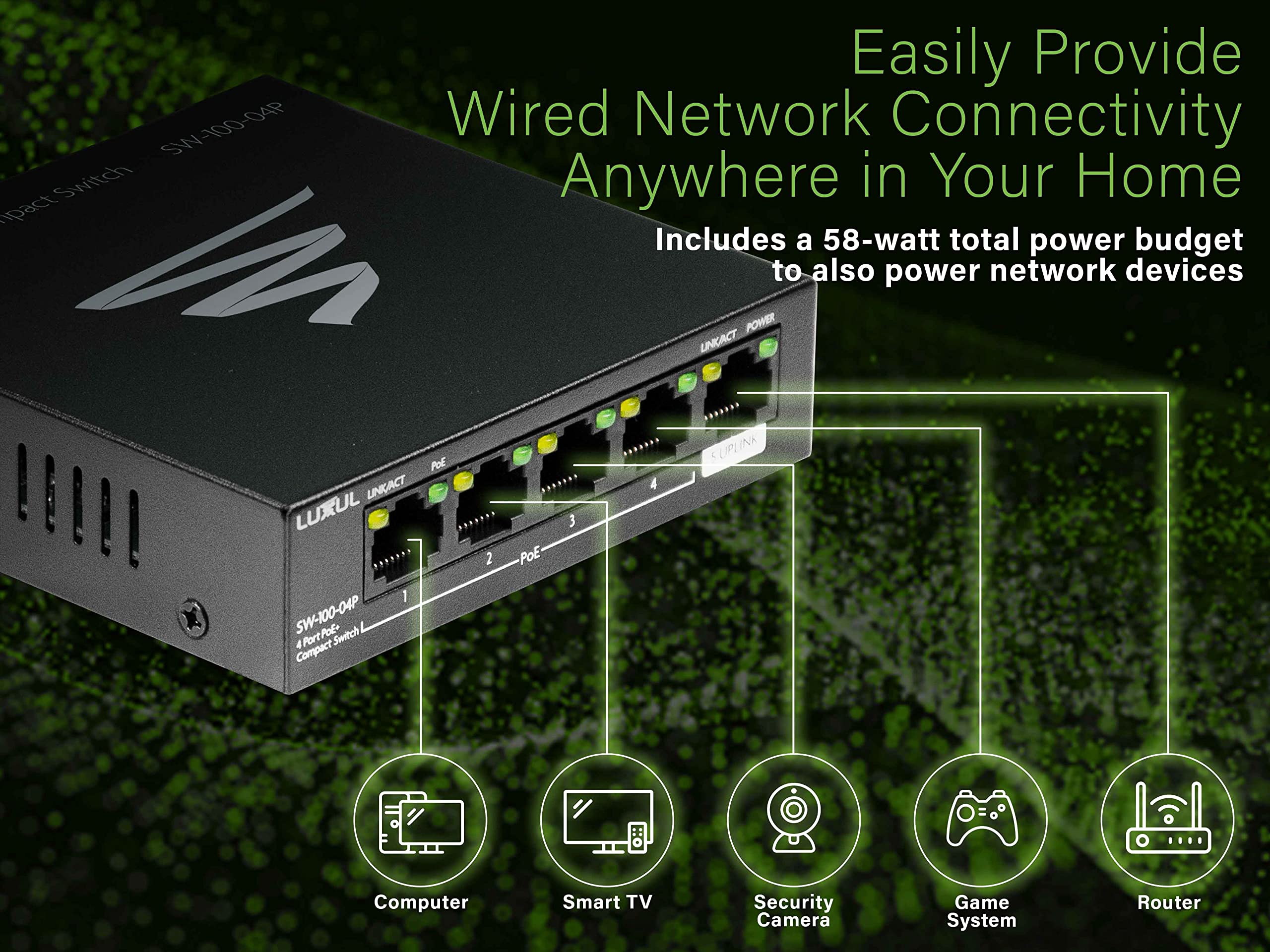 Luxul 4 Port Gigabit PoE+ Switch w/Uplink (58W