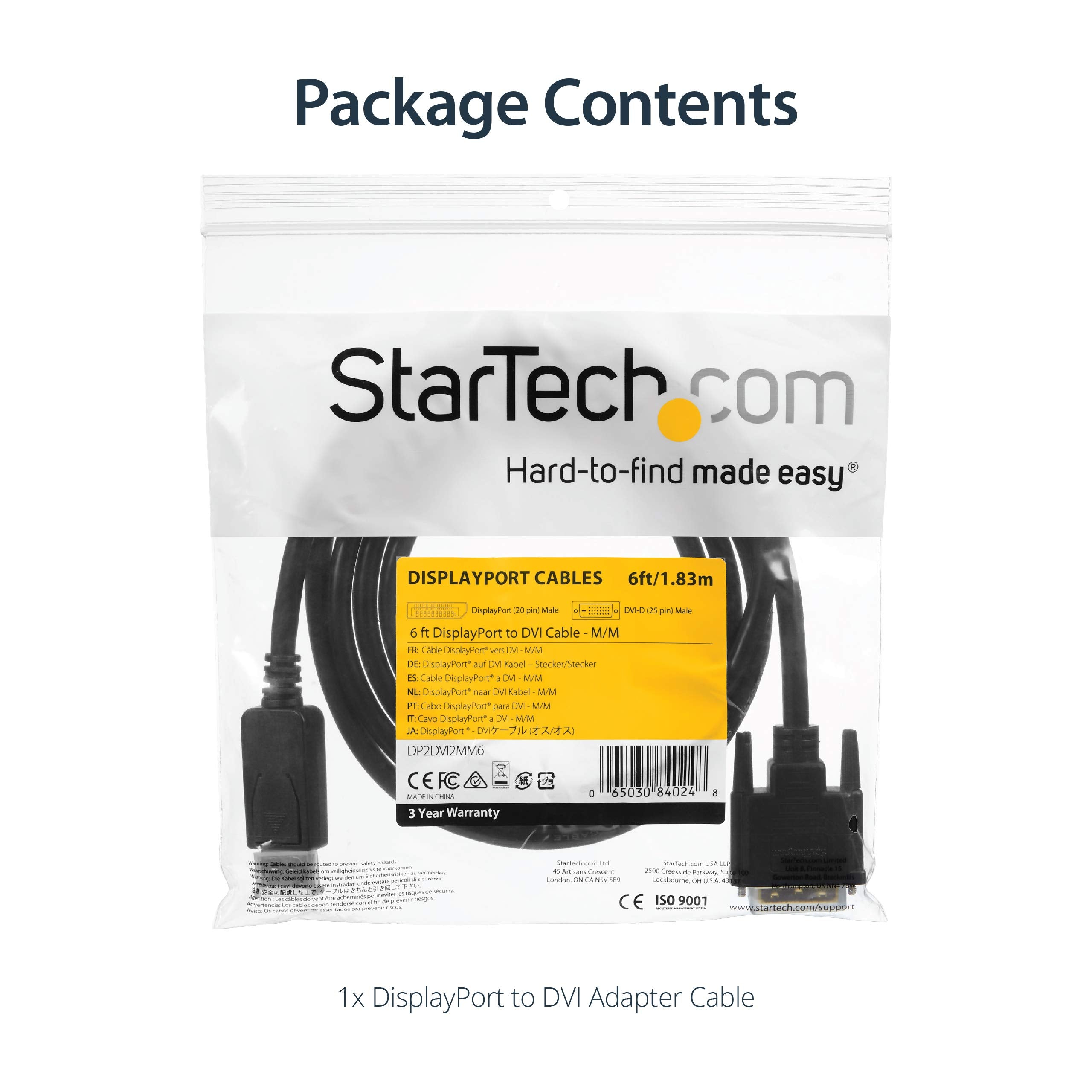 6 ft DisplayPort to DVI Cable - M/M