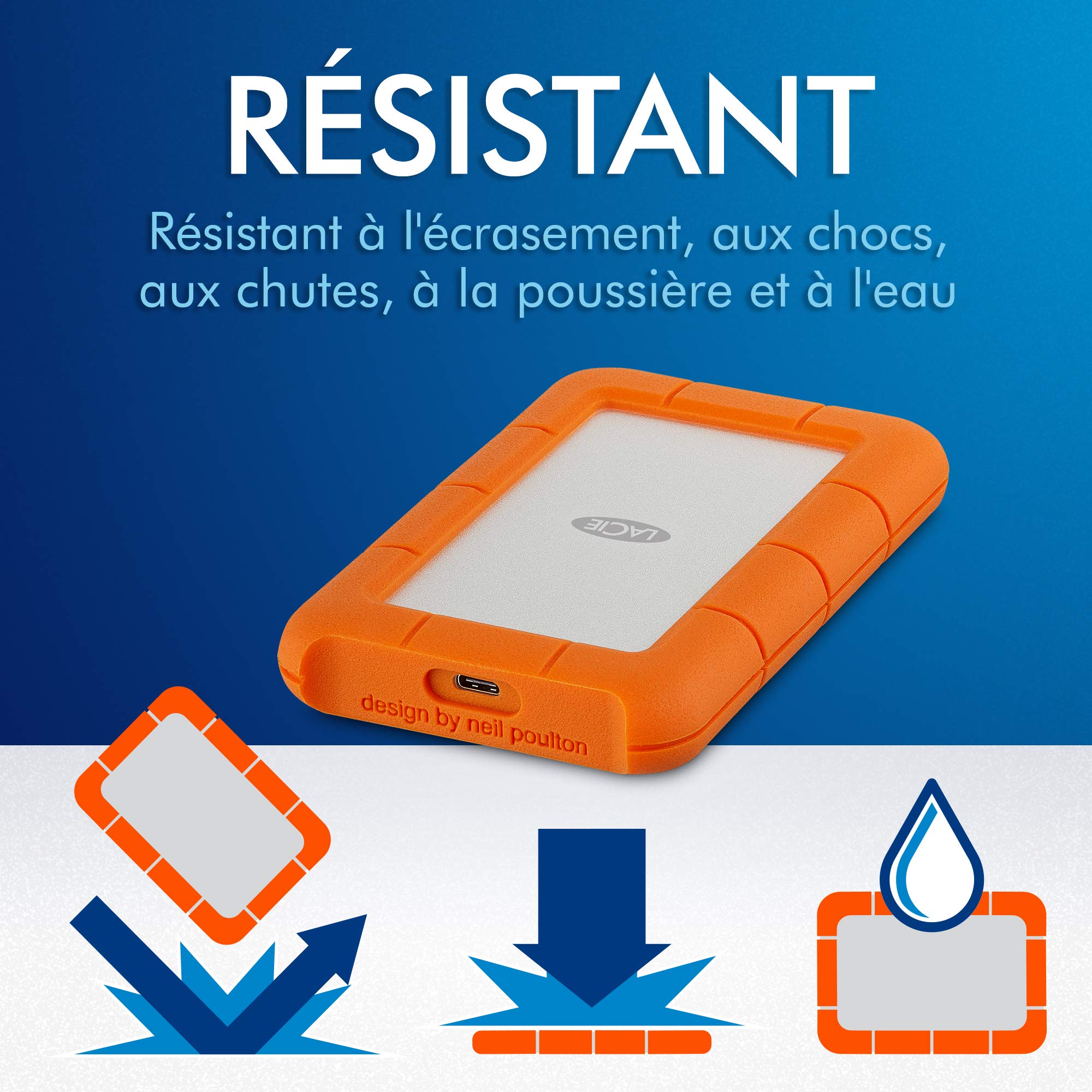 LACIE RUGGED 1To USB-C USB3.0 rÃ©sistant aux chutes. compressements et Ã  la pluie. utilisation tout terrain. orange