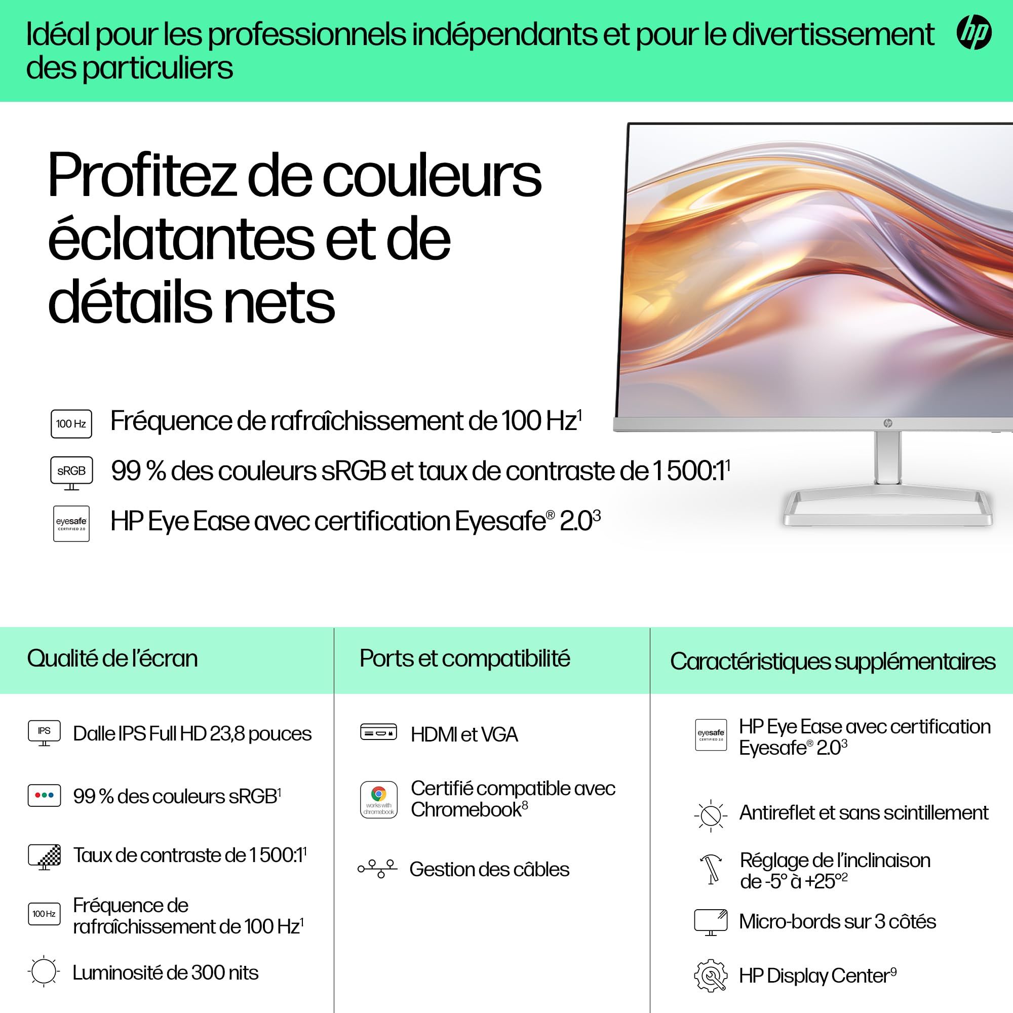 "HP Series 5 23.8 inch FHD Monitor - 524sf écran plat de PC 60,5 cm (23.8"") 1920 x 1080 pixels LCD Argent"