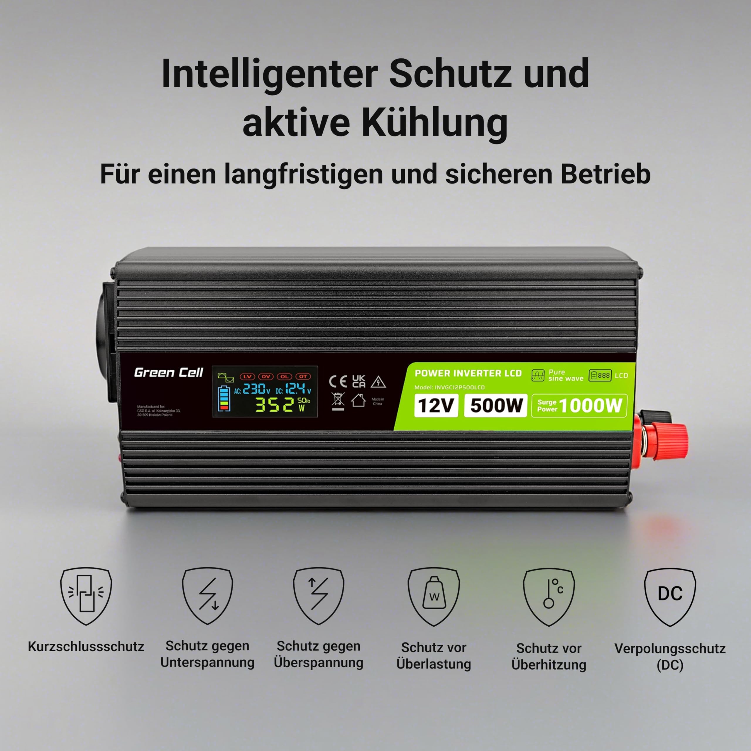 Green Cell Przetwornica napicia PowerInverter LCD 12 V 500W/1000W Przetwornica samochodowa z wywietlaczem - czysty sinus adaptateur de puissance & onduleur Auto