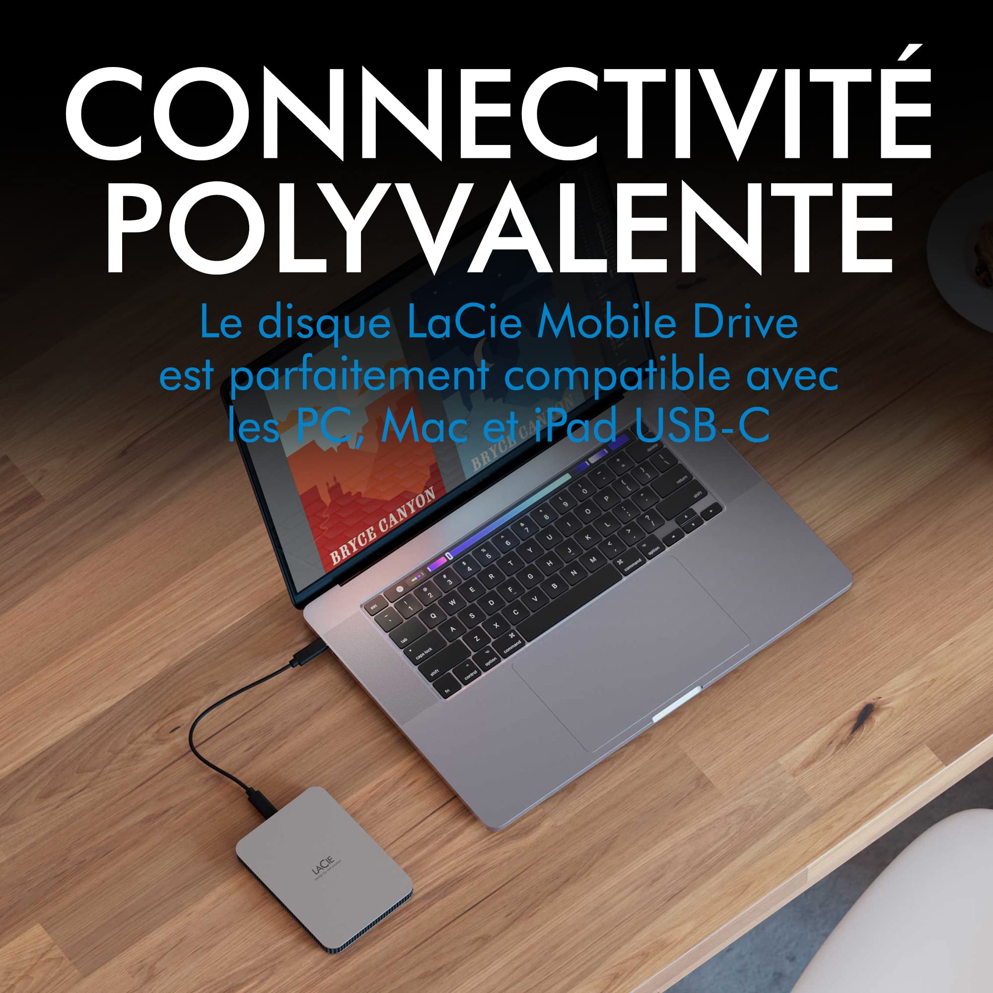 LACIE Mobile Drive HDD USB-C 1To 2.5p Moon Silver with USB-C cable