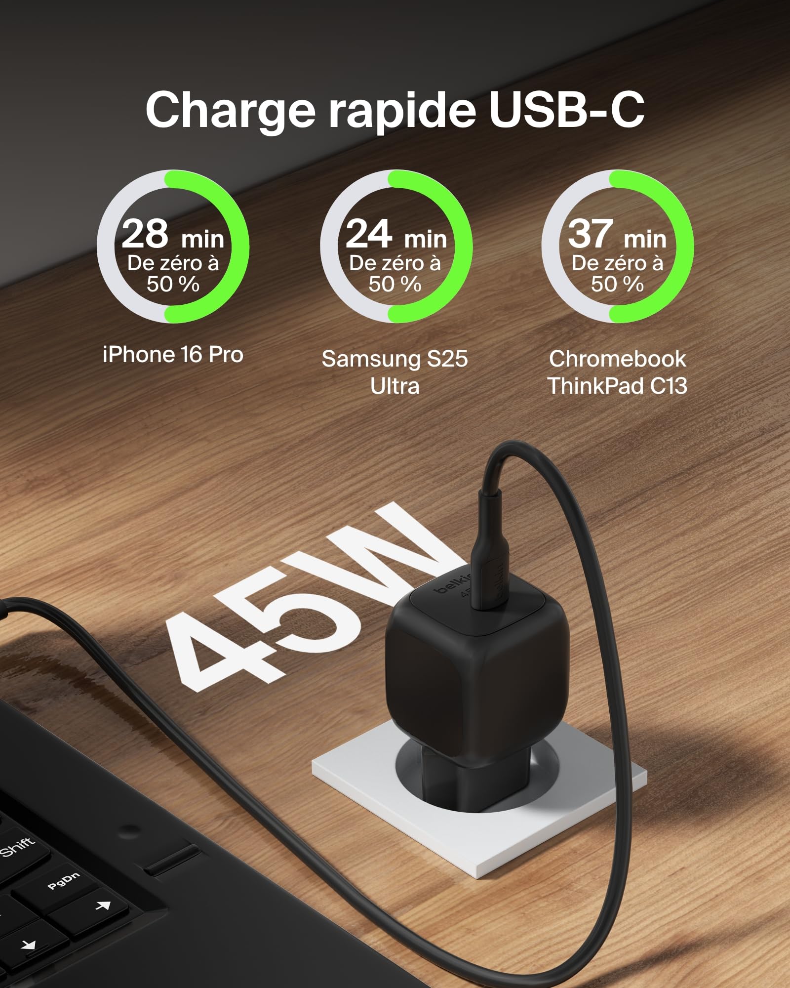 BELKIN 45W USB PD Wall Charger with PPS BLK w/ 1m 3aMP PVC C-C Cable