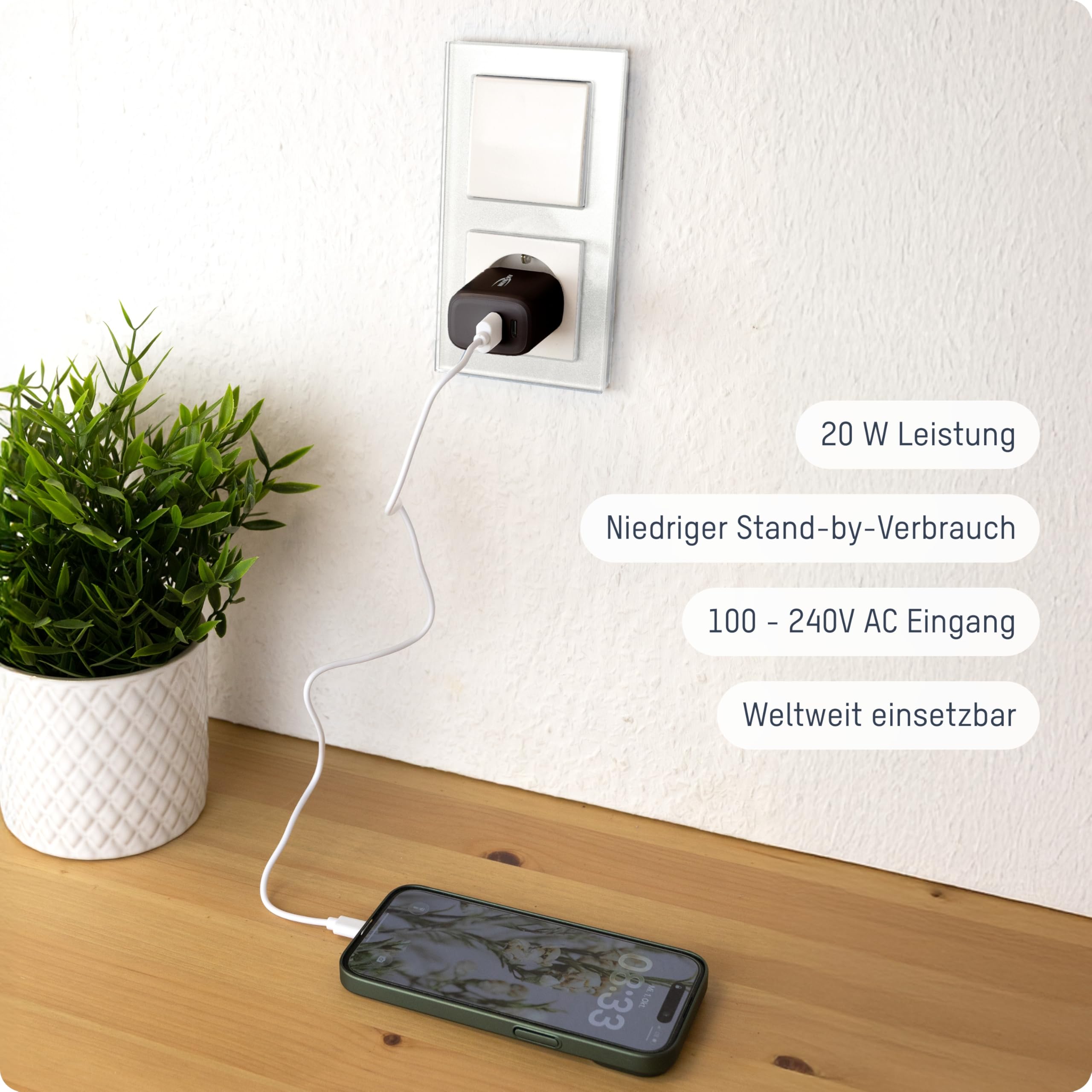 CHARGEUR SECTEUR 1 PORT USB Type-A QC + 1 PORT USB Type-C PD NOIR