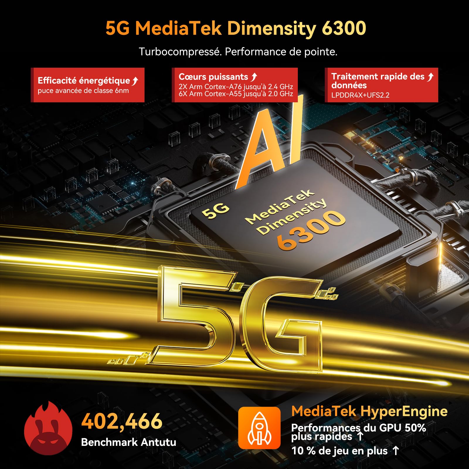 Blackview BL7000 (Doke IA - 5G - Écran 6.78'' - 256 Go, 8 Go RAM) Orange
