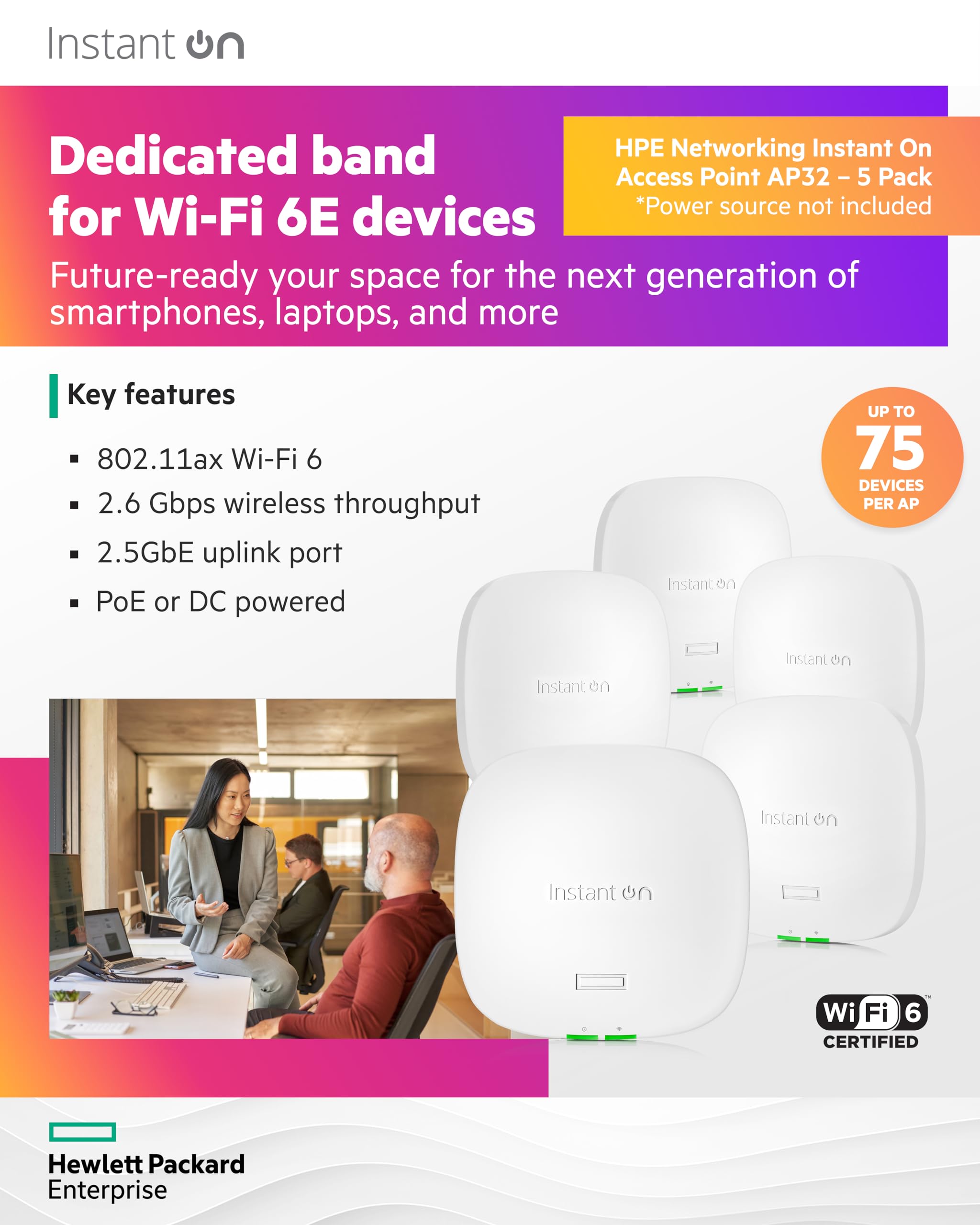 HPE Networking Instant On AP32 (RW) Borne daccÃ¨s sans fil Wi Fi 6 Wi Fi 6E 2.4 GHz 5 GHz 6 GHz montable au plafond/mur pack de 5