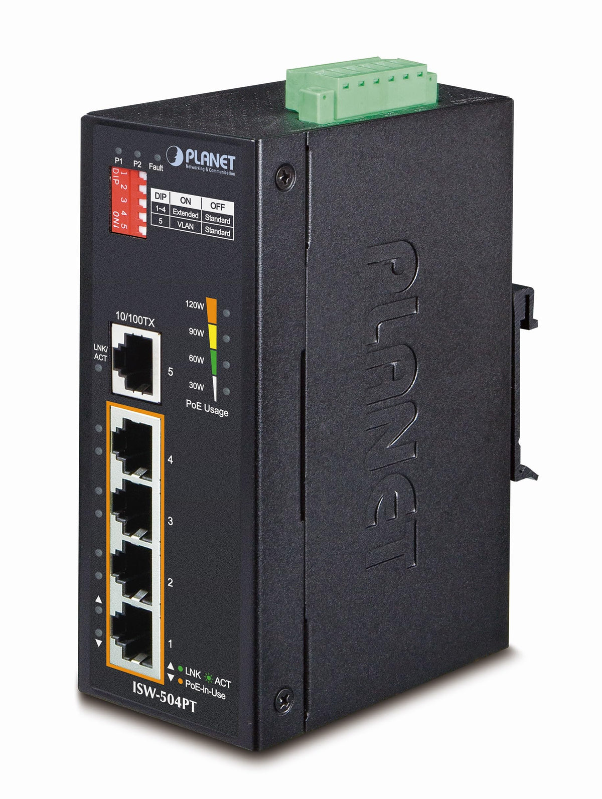 PLANET ISW-504PT commutateur réseau Non-géré L2 Fast Ethernet (10/100) Connexion Ethernet, supportant l'alimentation via ce port (PoE) Noir