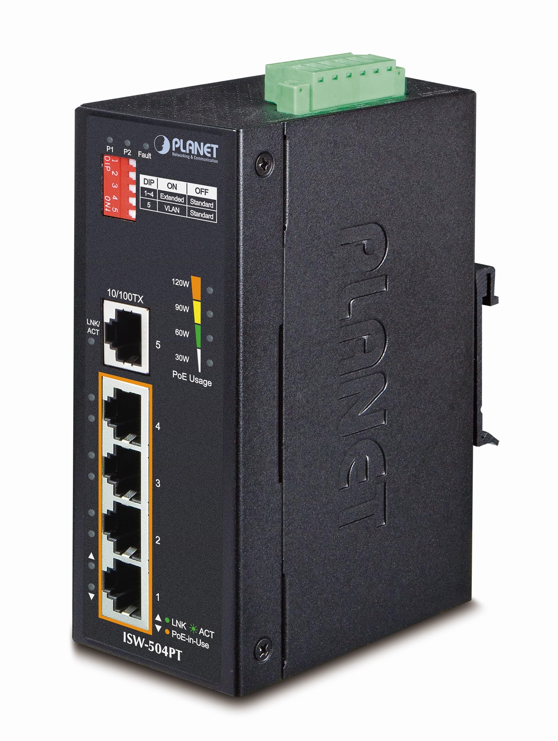 PLANET ISW-504PT commutateur réseau Non-géré L2 Fast Ethernet (10/100) Connexion Ethernet, supportant l'alimentation via ce port (PoE) Noir