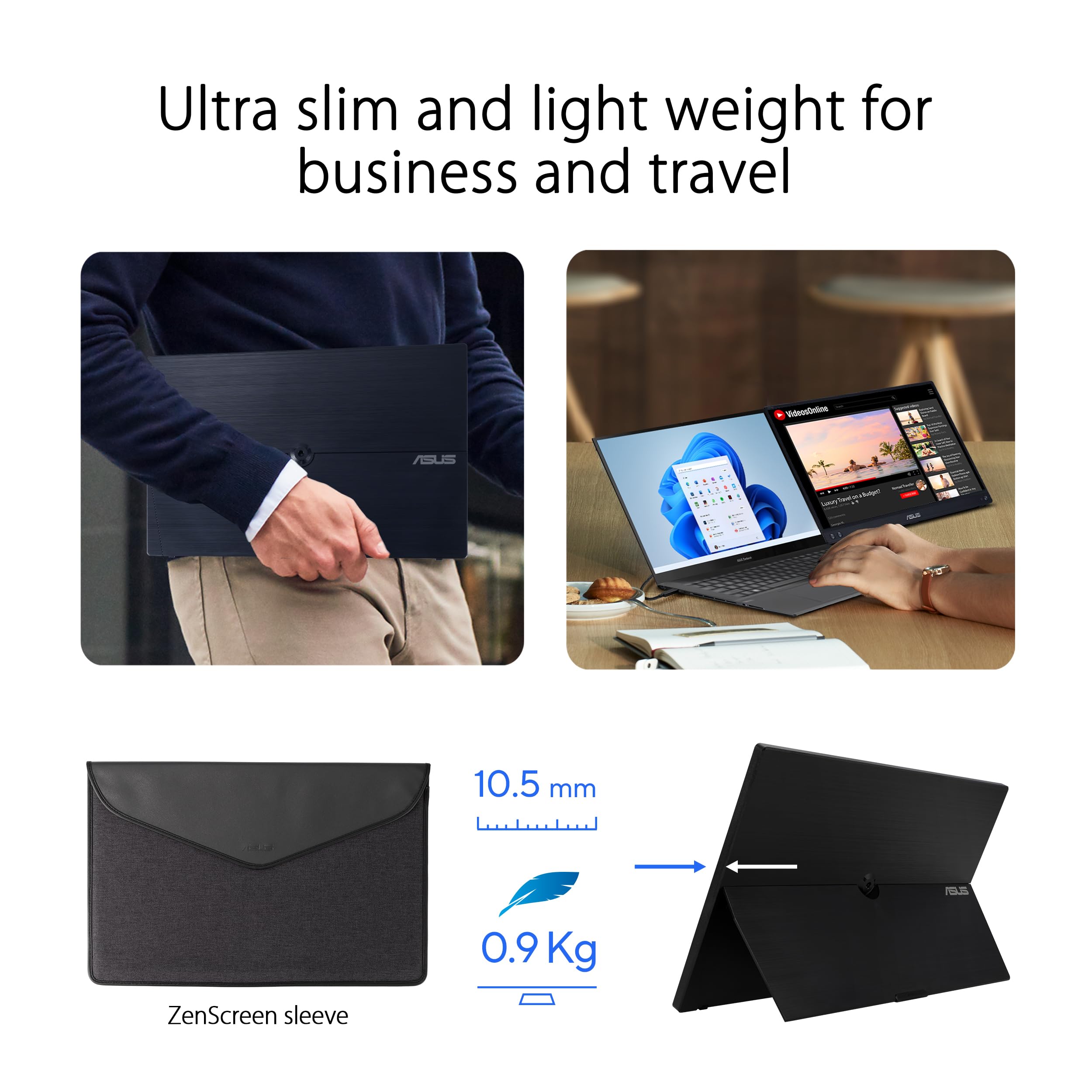 ASUS ZenScreen MB16ACV Portable USB Monitor 15.6p Full HD IPS Hybrid Signal Solution USB Type-C Flicker Free Blue Light Filter