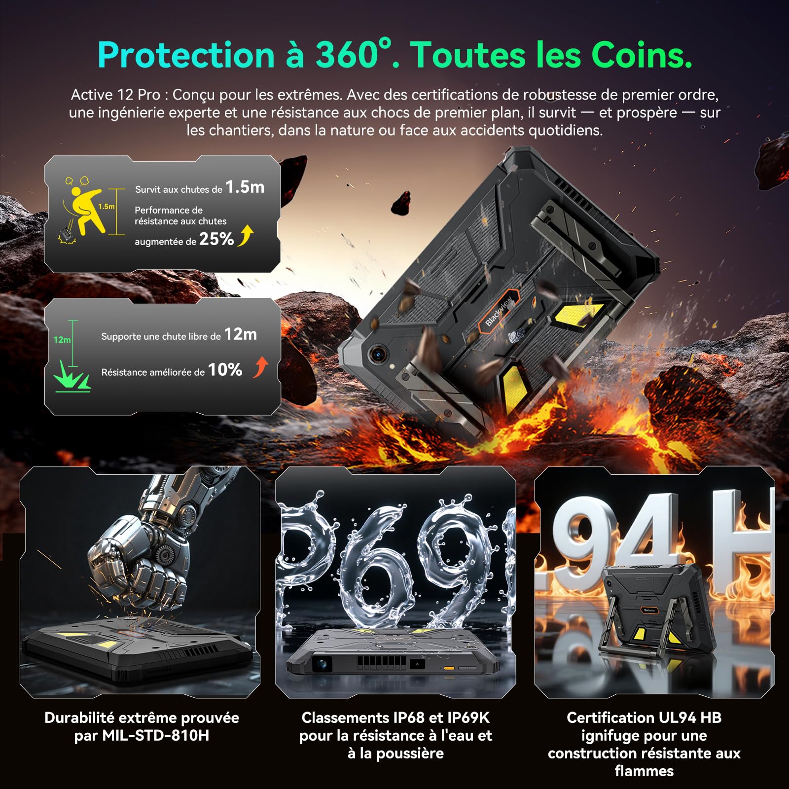 Blackview Active 12 Pro (Tablette Robuste 5G - Ecran 11''  - 256 Go, 12 Go RAM - 30 000 mAh) Noir