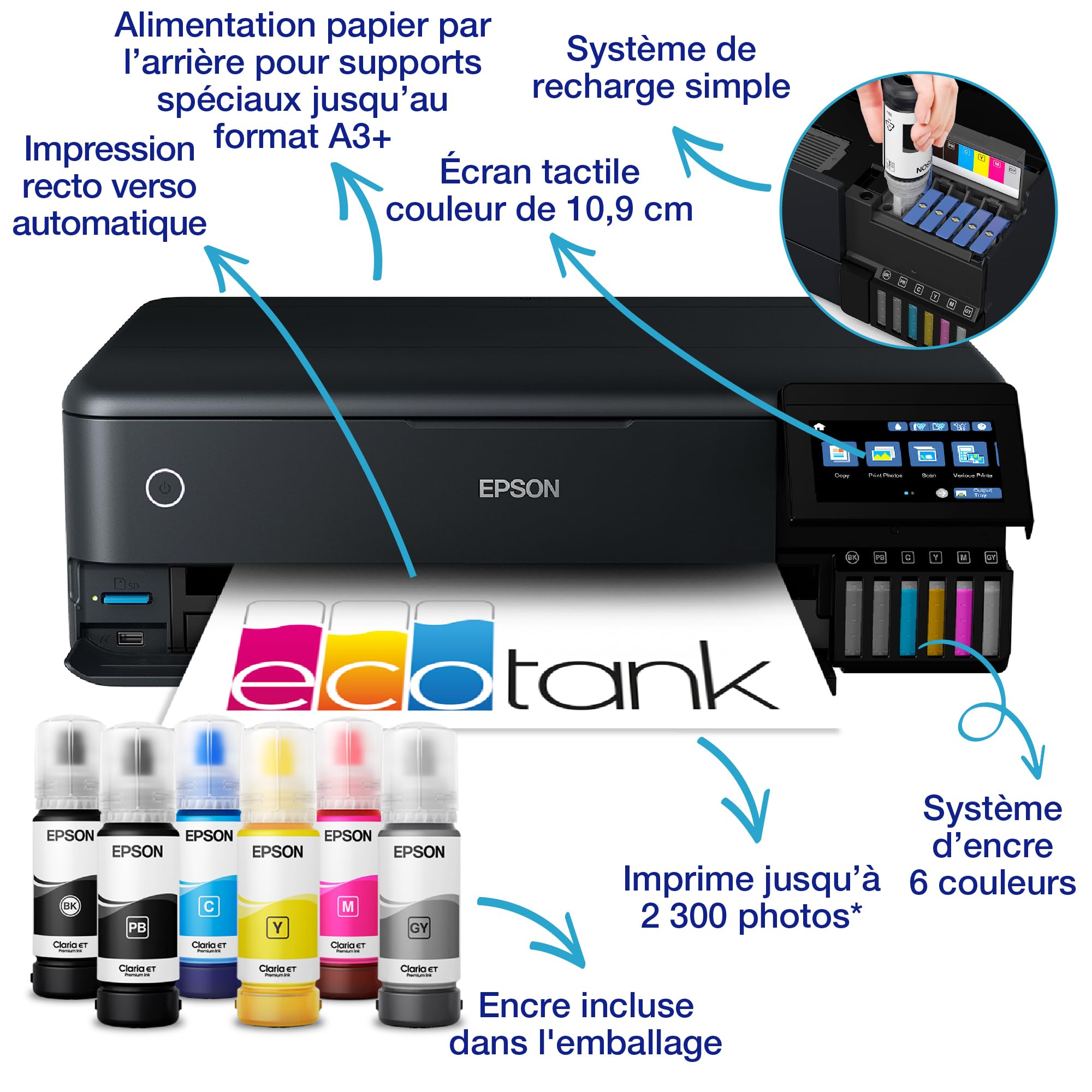 EPSON EcoTank ET-8550 MFP colour inkjet refillable A3 16ppm Print USB LAN Wi-Fi Black